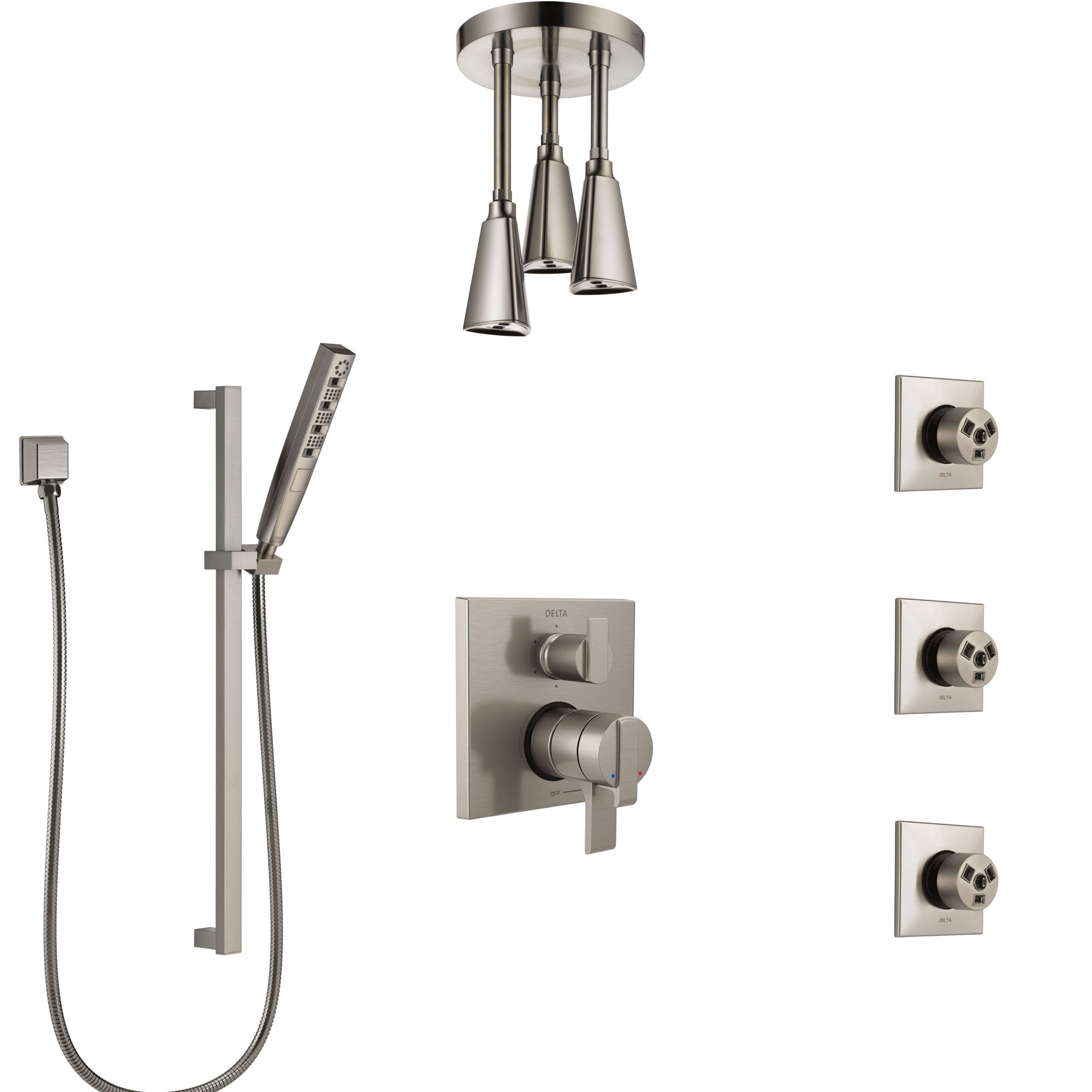 Delta Ara Dual Control Handle Stainless Steel Finish Integrated Diverter Shower System, Ceiling Showerhead, 3 Body Sprays, and Hand Shower SS27967SS11