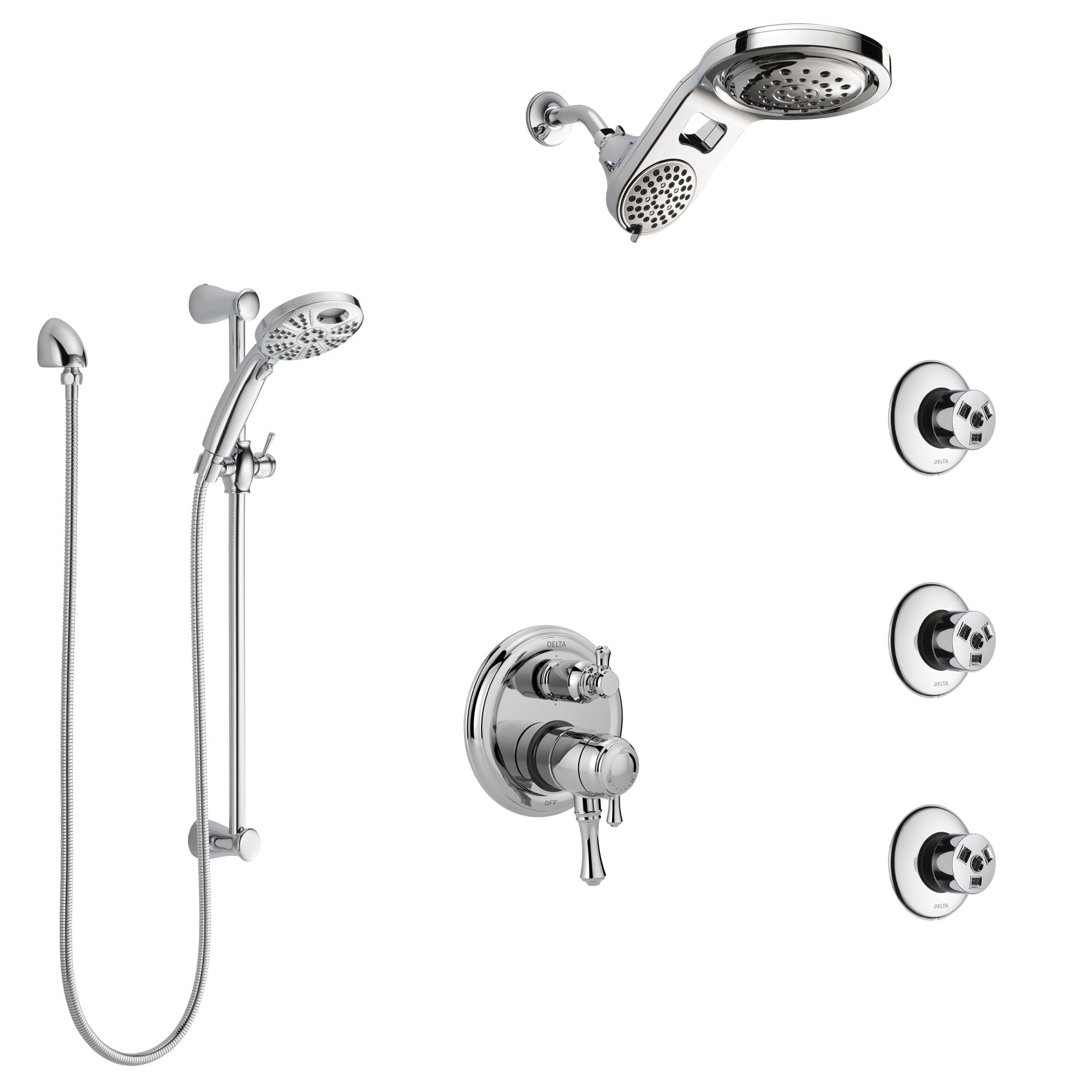 Delta Cassidy Chrome Shower System with Dual Control Handle, Integrated Diverter, Dual Showerhead, 3 Body Sprays, and Temp2O Hand Shower SS279978