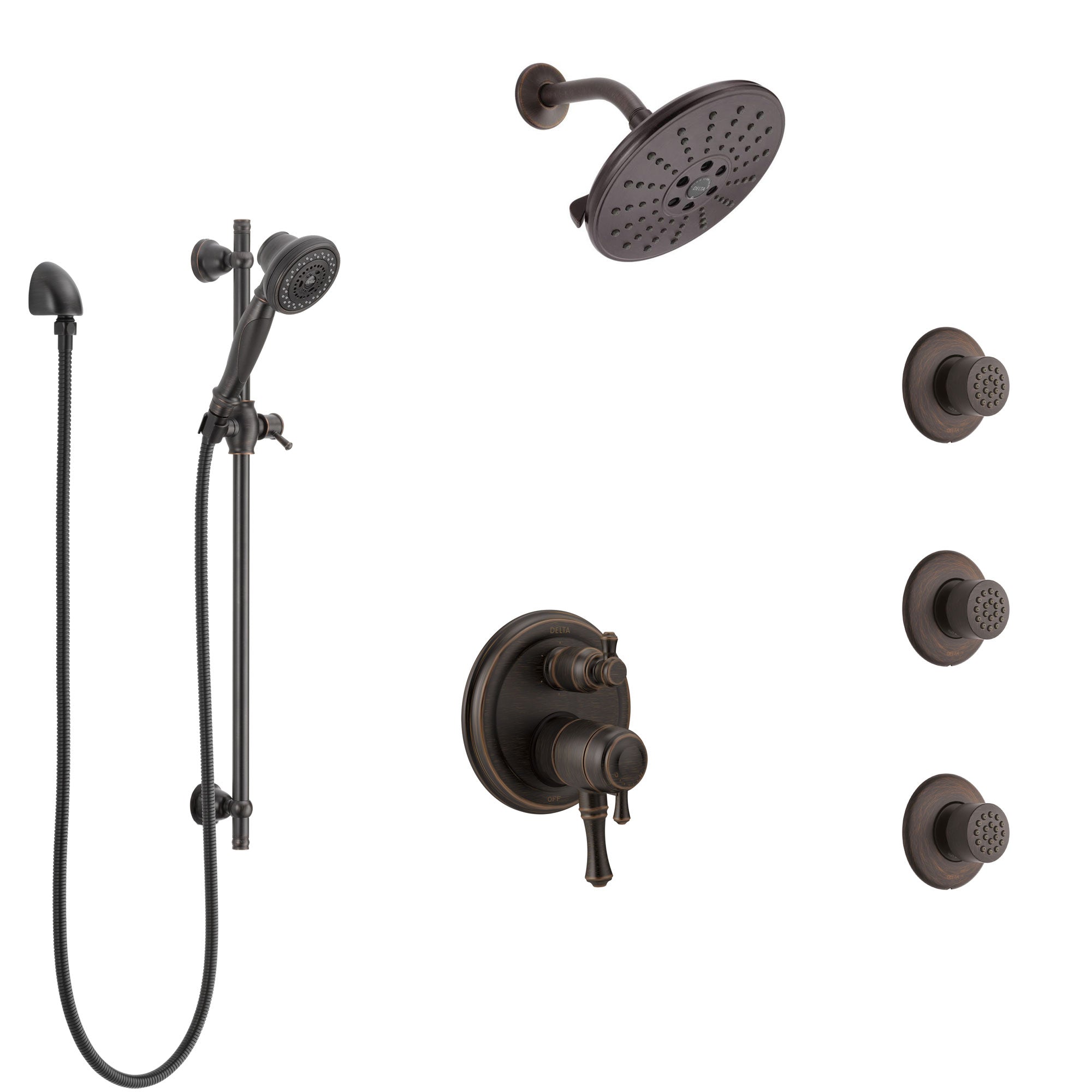 Delta Cassidy Venetian Bronze Shower System with Dual Control Handle, Integrated Diverter, Showerhead, 3 Body Sprays, and Hand Shower SS27997RB6