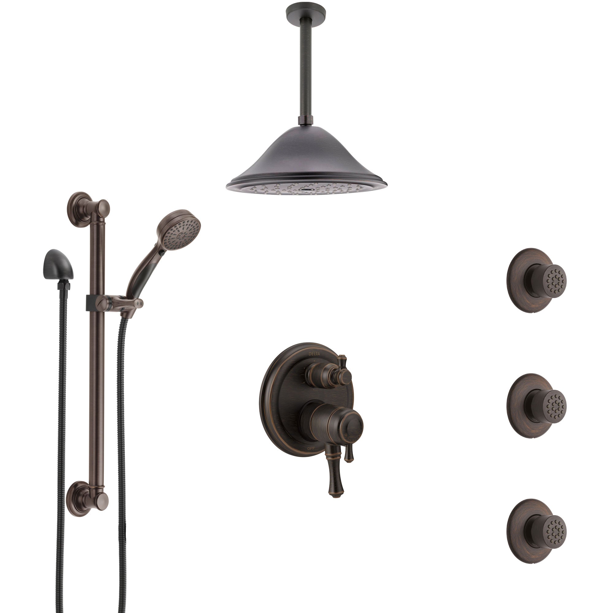 Delta Cassidy Venetian Bronze Dual Control Handle Shower System, Integrated Diverter, Ceiling Showerhead, 3 Body Jets, Grab Bar Hand Spray SS27997RB8