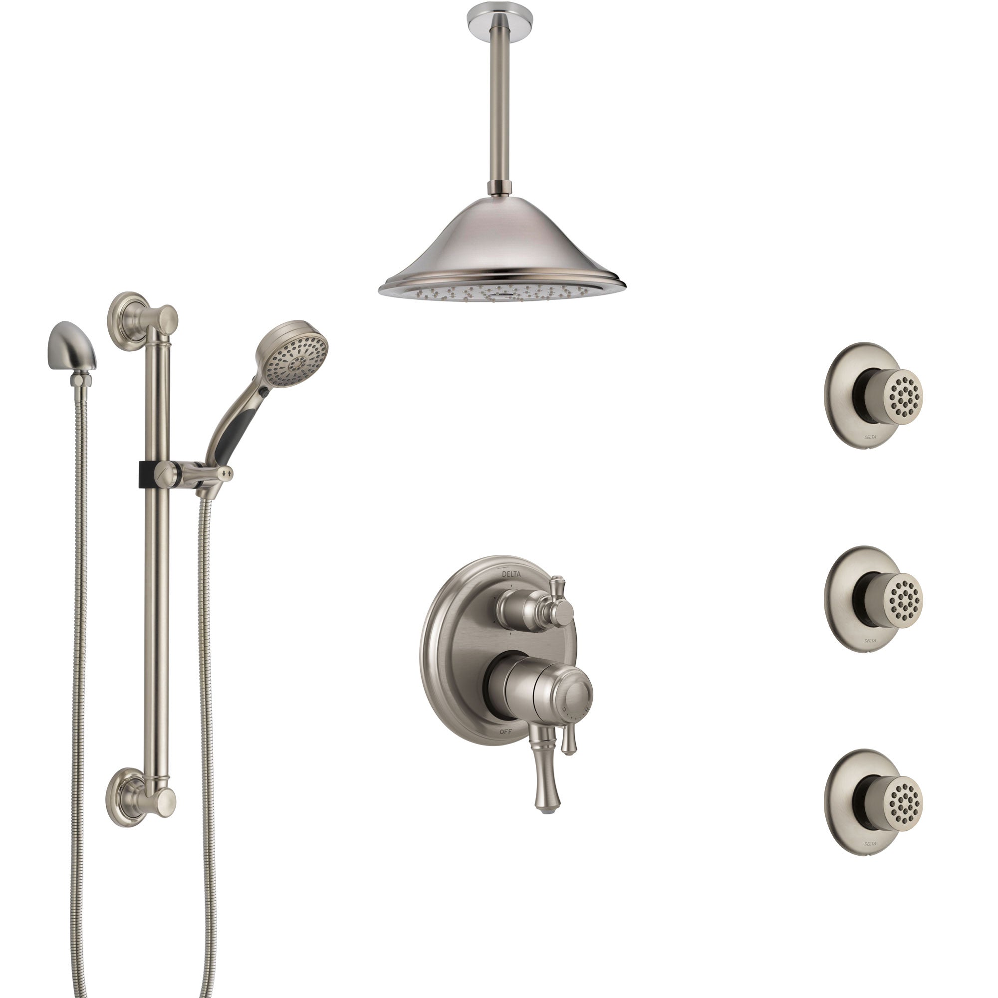 Delta Cassidy Dual Control Handle Stainless Steel Finish Shower System, Ceiling Showerhead, 3 Body Jets, Grab Bar Hand Spray SS27997SS9