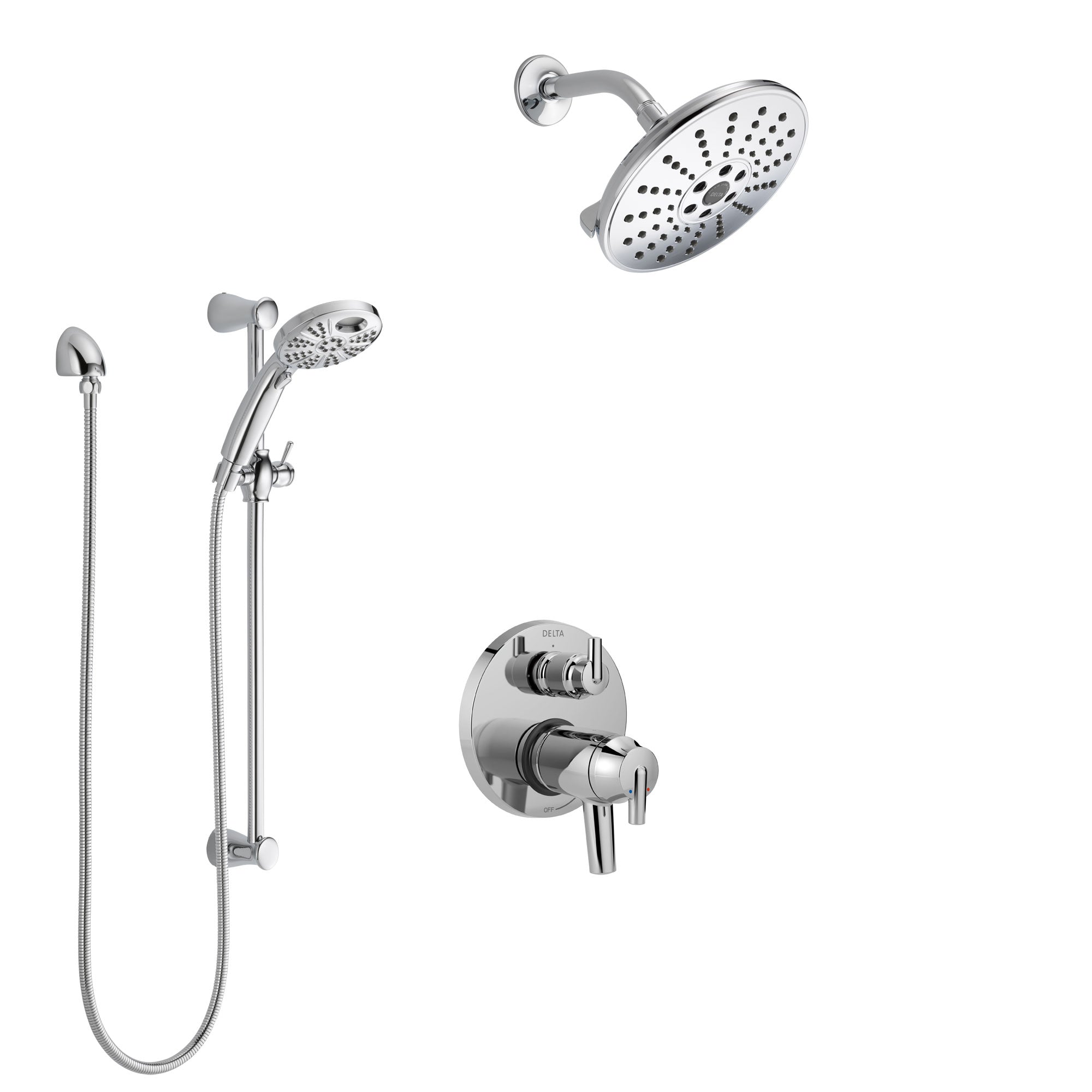 Delta Trinsic Chrome Finish Shower System with Dual Thermostatic Control Handle, Integrated Diverter, Showerhead, and Temp2O Hand Shower SS27T8599