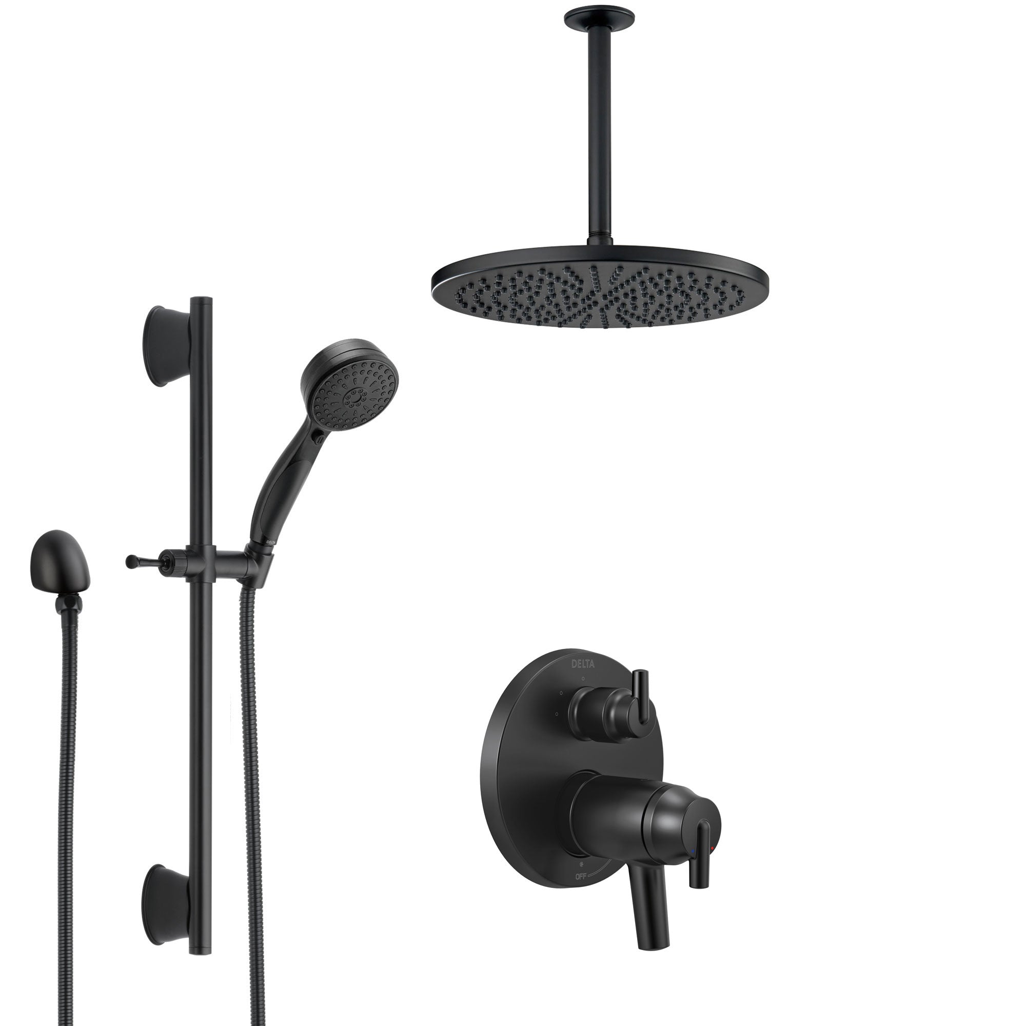 Delta Trinsic Matte Black Thermostatic Integrated Diverter Shower System with Large Round Ceiling Showerhead and Hand Shower with Slidebar SS27T859BL2