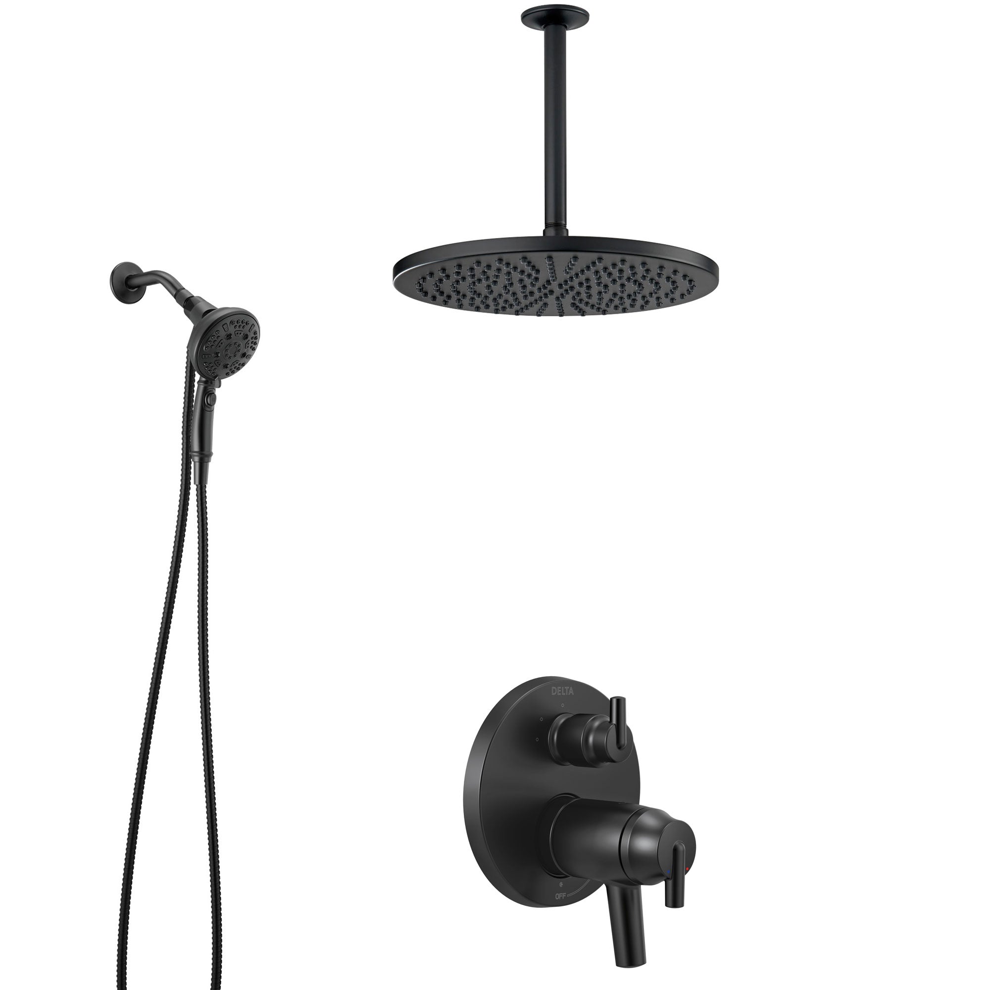 Delta Trinsic Matte Black Shower System with Integrated Diverter, Large Round Ceiling Showerhead, and Detachable SureDock Hand Sprayer SS27T859BL8
