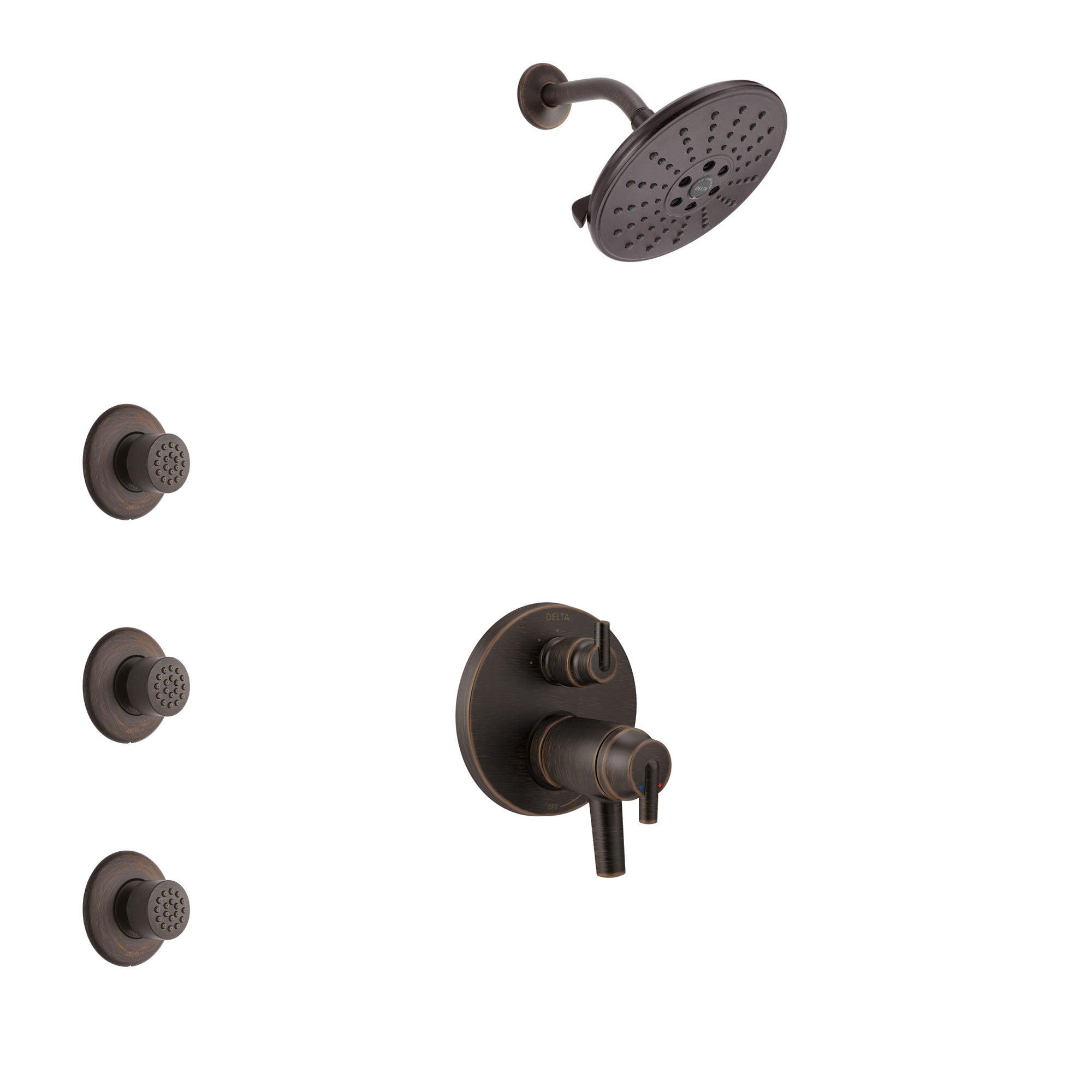 Delta Trinsic Venetian Bronze Shower System with Dual Thermostatic Control Handle, Integrated Diverter, Showerhead, and 3 Body Sprays SS27T859RB4
