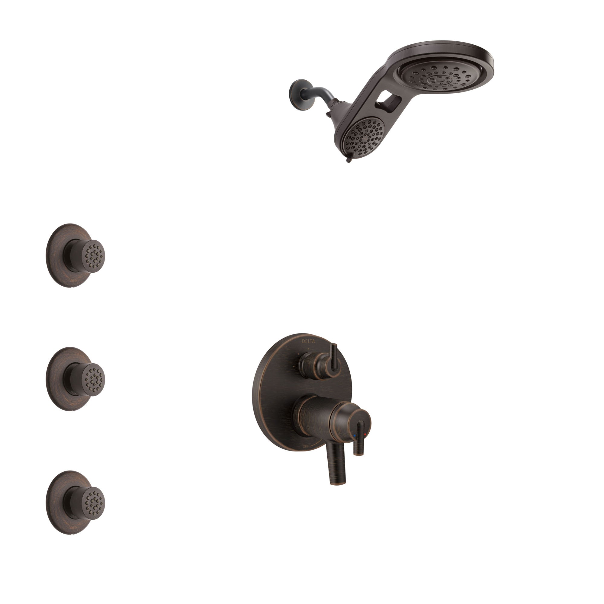 Delta Trinsic Venetian Bronze Shower System with Dual Thermostatic Control Handle, Integrated Diverter, Dual Showerhead, and 3 Body Sprays SS27T859RB5