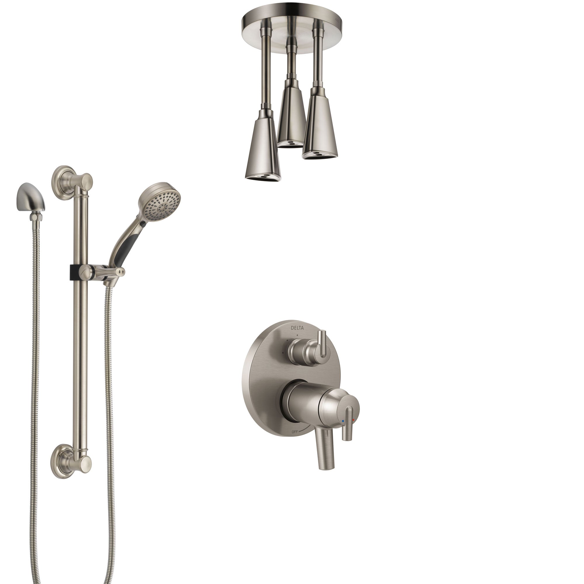 Delta Trinsic Dual Thermostatic Control Stainless Steel Finish Integrated Diverter Shower System, Ceiling Showerhead, Grab Bar Hand Spray SS27T859SS12