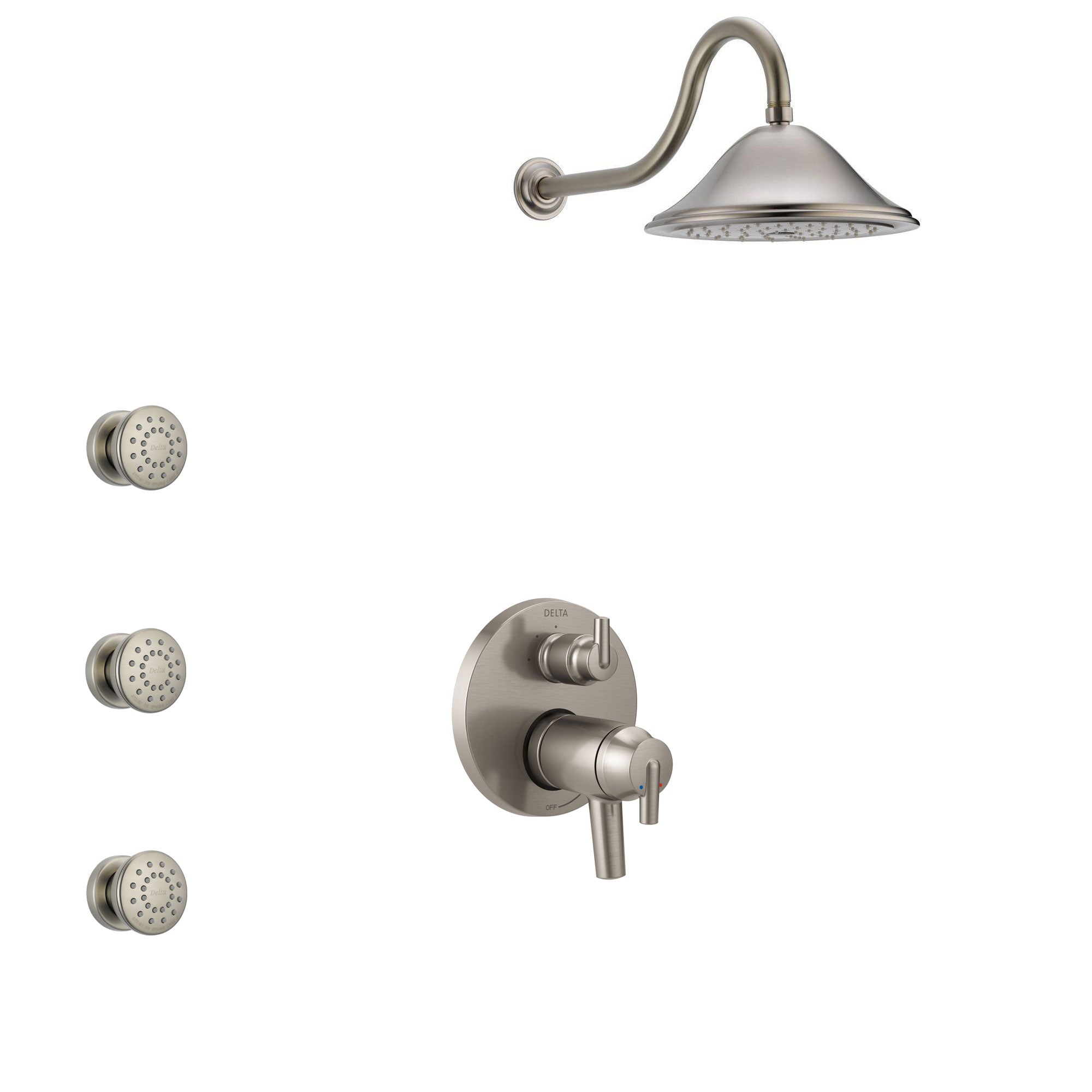 Delta Trinsic Dual Thermostatic Control Handle Stainless Steel Finish Shower System, Integrated Diverter, Showerhead, and 3 Body Sprays SS27T859SS2