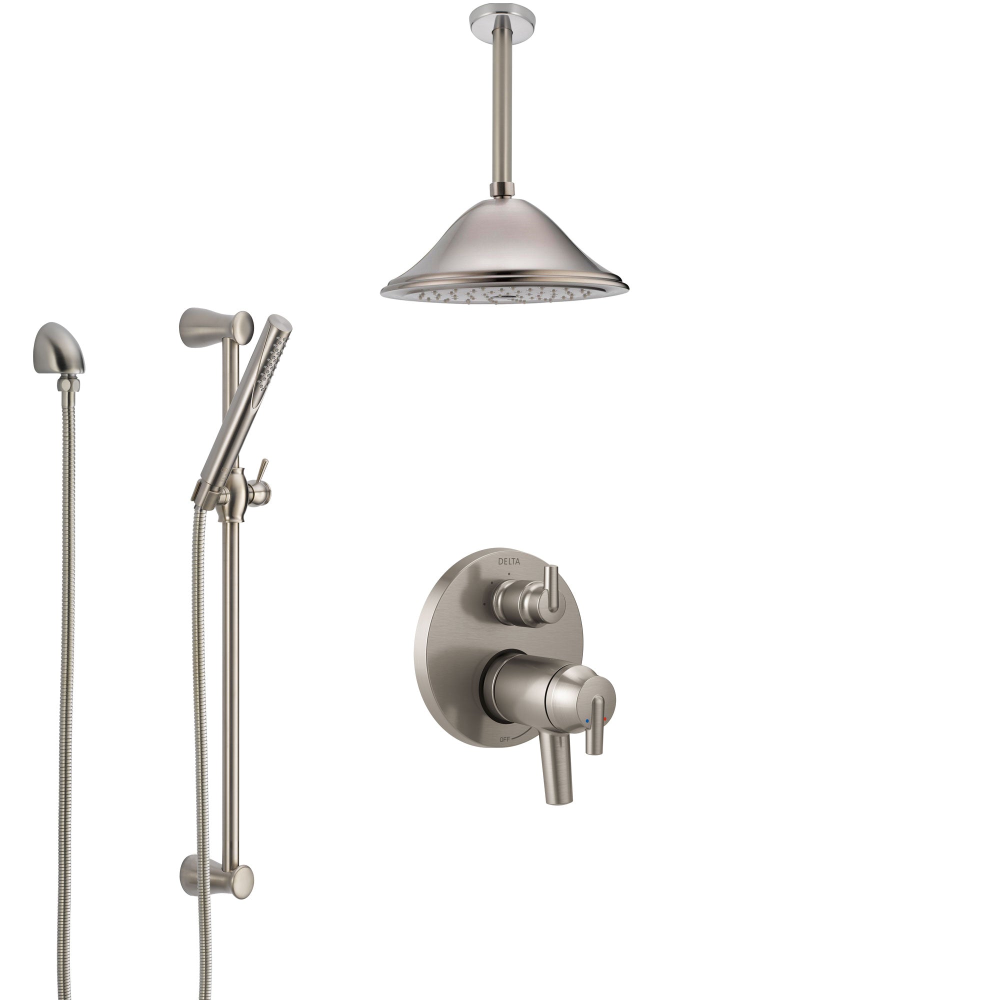 Delta Trinsic Dual Thermostatic Control Stainless Steel Finish Integrated Diverter Shower System, Ceiling Mount Showerhead and Hand Shower SS27T859SS4