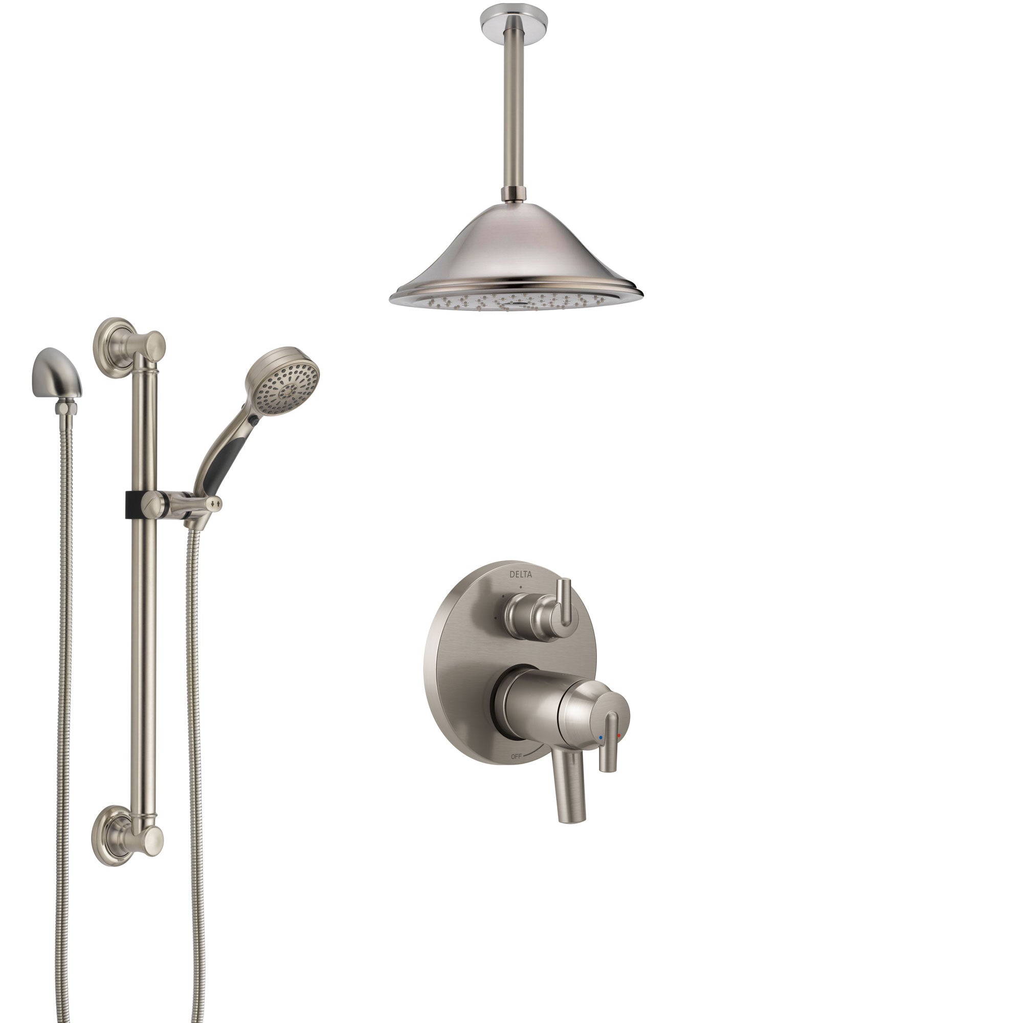 Delta Trinsic Dual Thermostatic Control Stainless Steel Finish Integrated Diverter Shower System, Ceiling Showerhead, Grab Bar Hand Spray SS27T859SS6