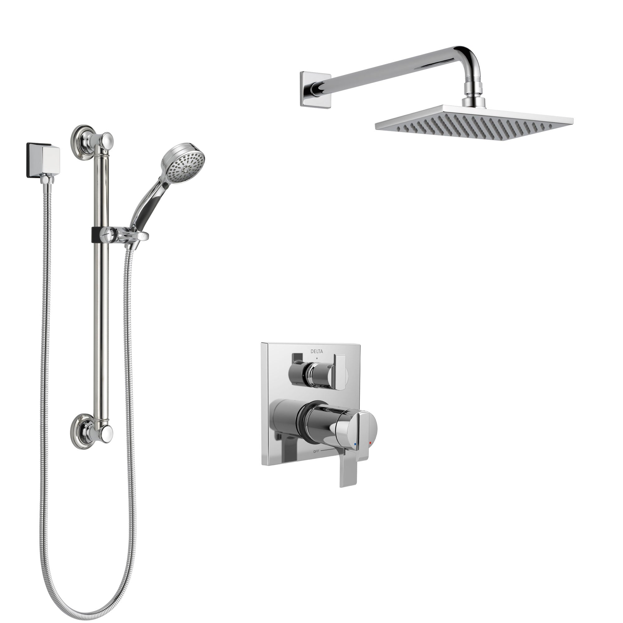 Delta Ara Chrome Finish Shower System with Dual Thermostatic Control Handle, Integrated Diverter, Showerhead, and Hand Shower with Grab Bar SS27T86710