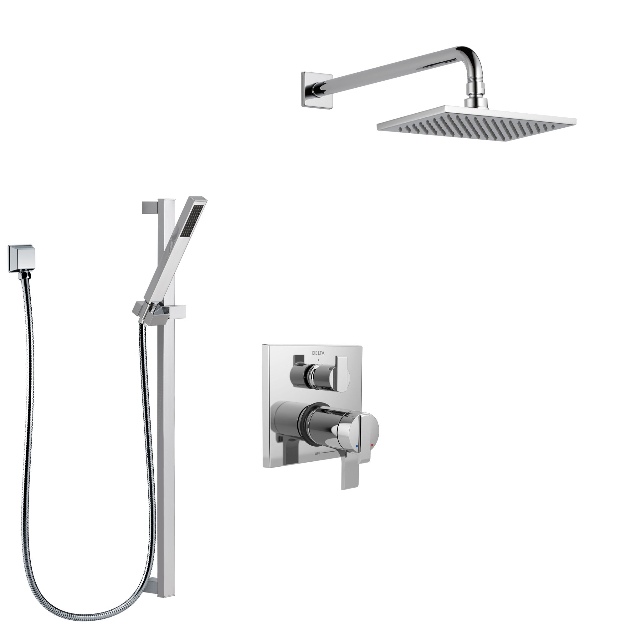 Delta Ara Chrome Finish Shower System with Dual Thermostatic Control Handle, Integrated Diverter, Showerhead, and Hand Shower with Slidebar SS27T86712