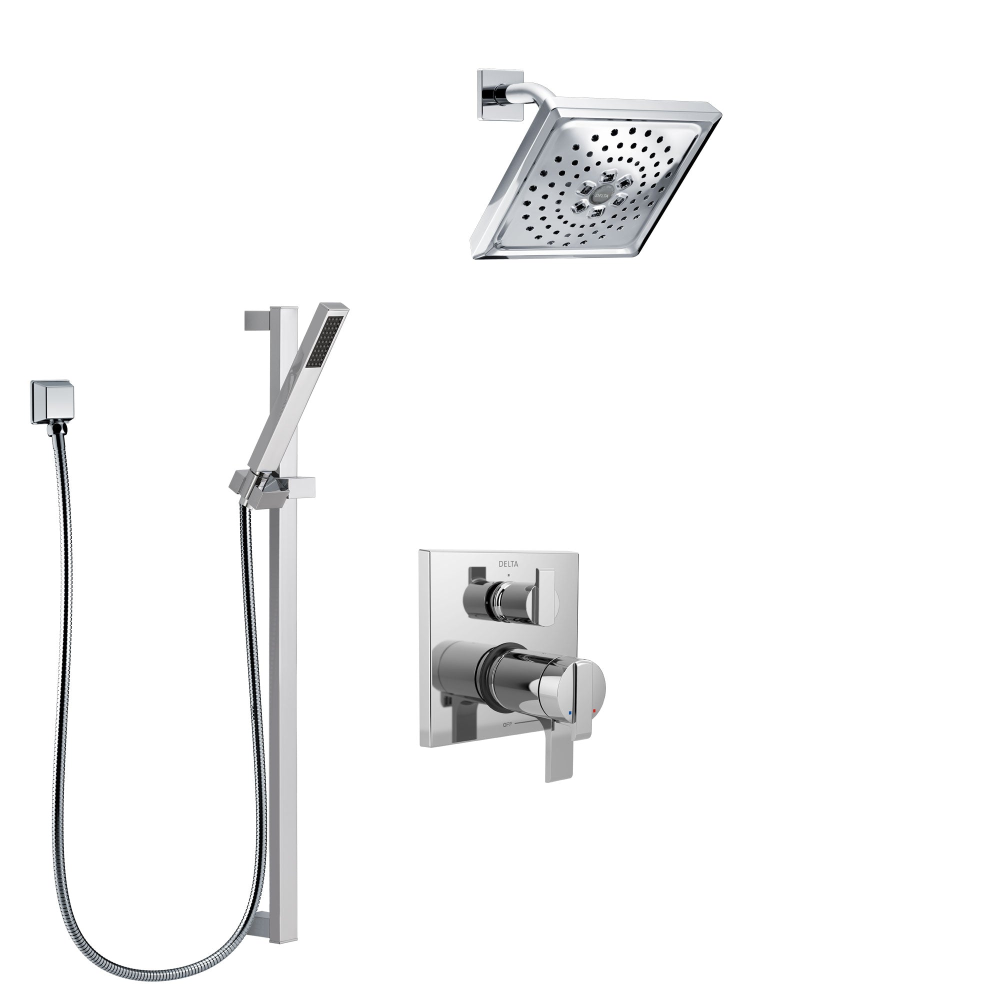 Delta Ara Chrome Finish Shower System with Dual Thermostatic Control Handle, Integrated Diverter, Showerhead, and Hand Shower with Slidebar SS27T8672