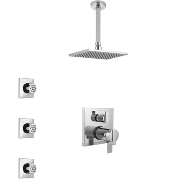 Delta Ara Chrome Shower System with Dual Thermostatic Control Handle, Integrated Diverter, Ceiling Mount Showerhead, and 3 Body Sprays SS27T8678