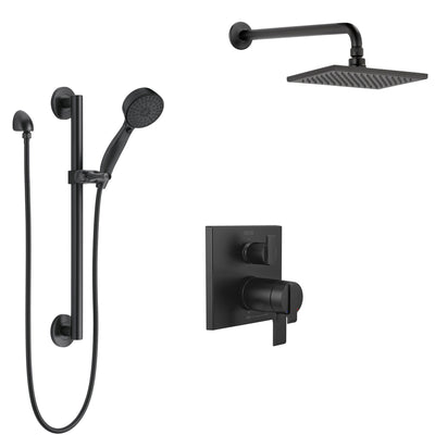 Delta Ara Matte Black Finish Shower System with Integrated Diverter Control, Wall Mount Rain Showerhead, and Hand Shower with Grab Bar SS27T867BL3