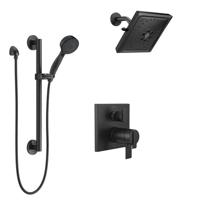 Delta Ara Matte Black Shower System with Integrated Diverter Control, Wall Mount Multi-Setting Showerhead, and Hand Shower with Grab Bar SS27T867BL5