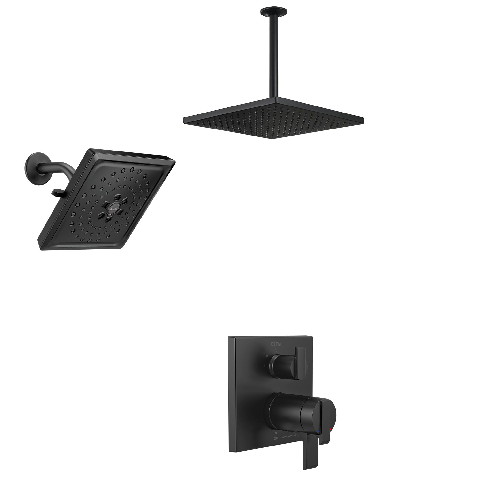 Delta Ara Matte Black Finish Integrated Diverter Shower System with Large Ceiling Mount Rain Showerhead and Multi-Setting Wall Showerhead SS27T867BL7
