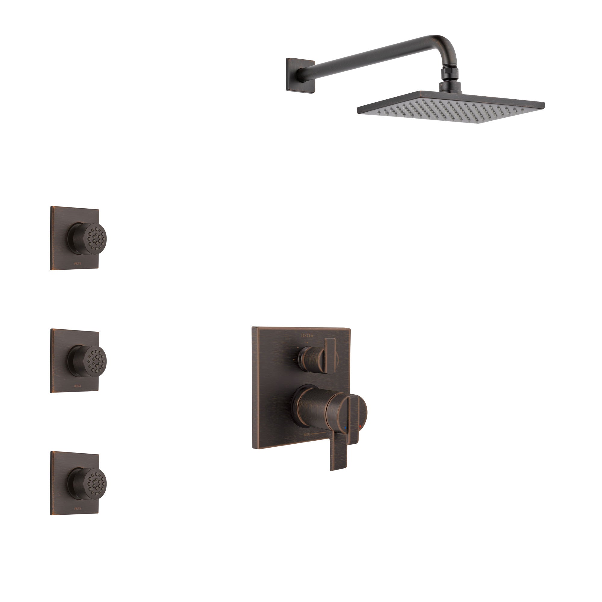 Delta Ara Venetian Bronze Shower System with Dual Thermostatic Control Handle, Integrated Diverter, Showerhead, and 3 Body Sprays SS27T867RB10