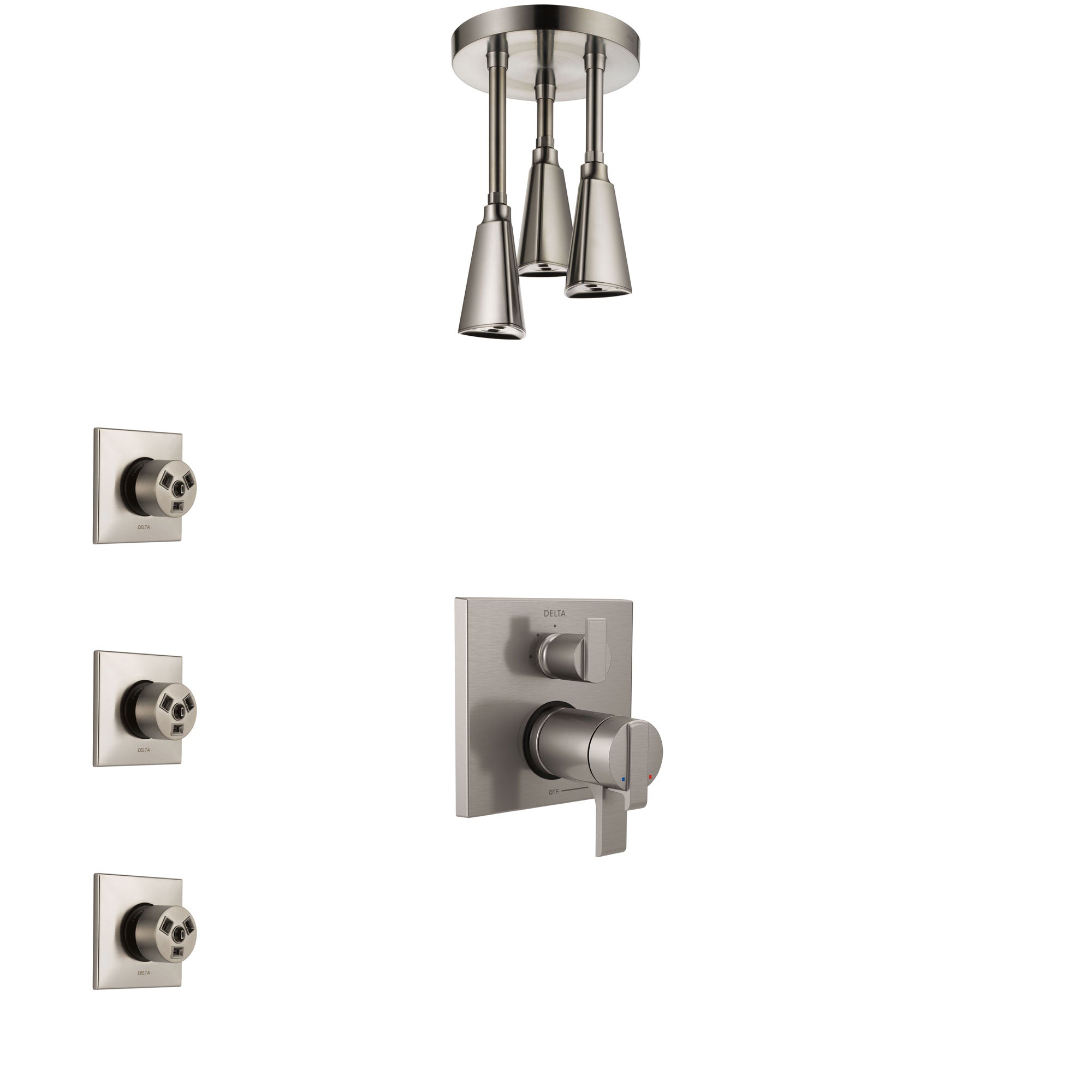 Delta Ara Dual Thermostatic Control Stainless Steel Finish Integrated Diverter Shower System, Ceiling Mount Showerhead, and 3 Body Sprays SS27T867SS10