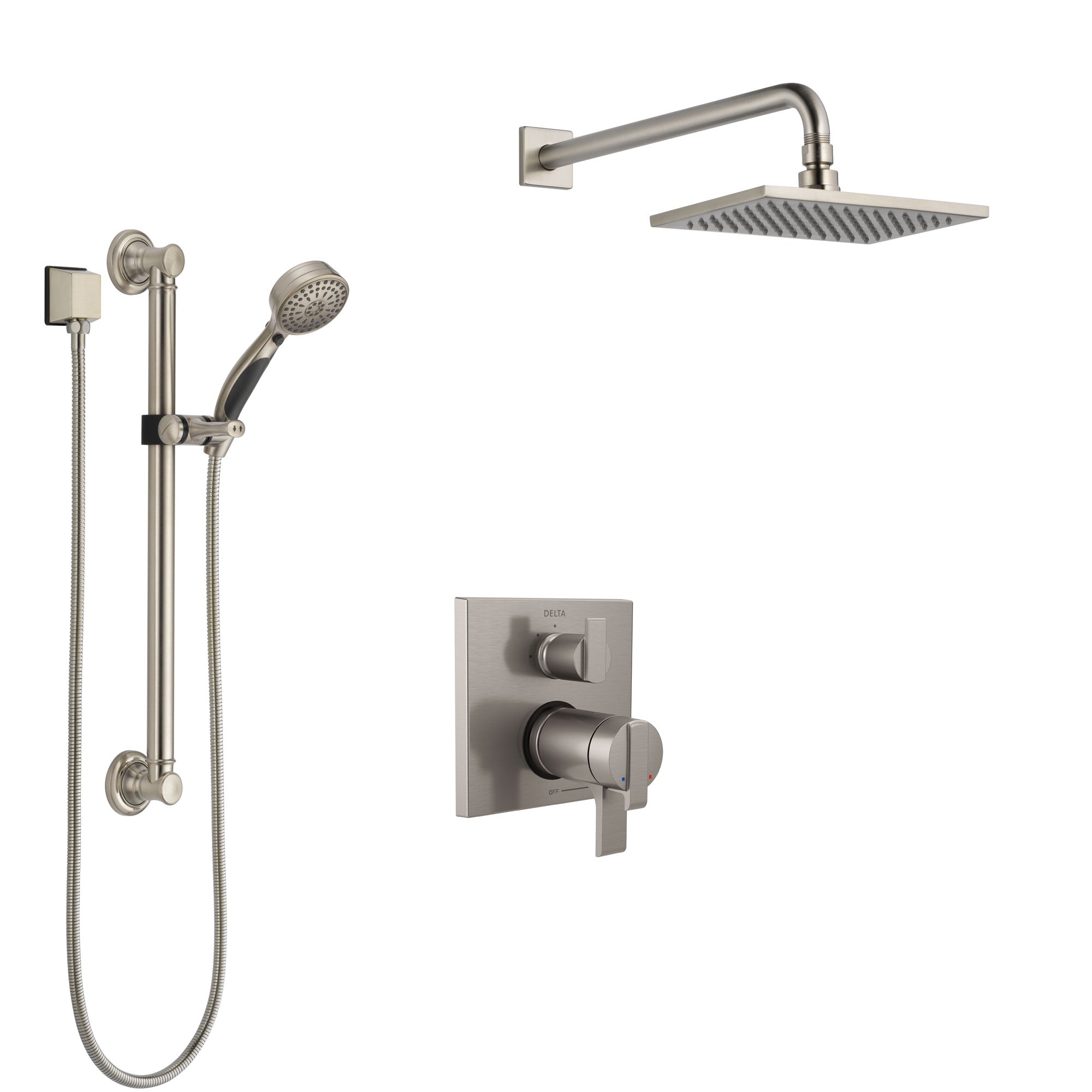 Delta Ara Dual Thermostatic Control Stainless Steel Finish Integrated Diverter Shower System, Showerhead, and Hand Shower with Grab Bar SS27T867SS1