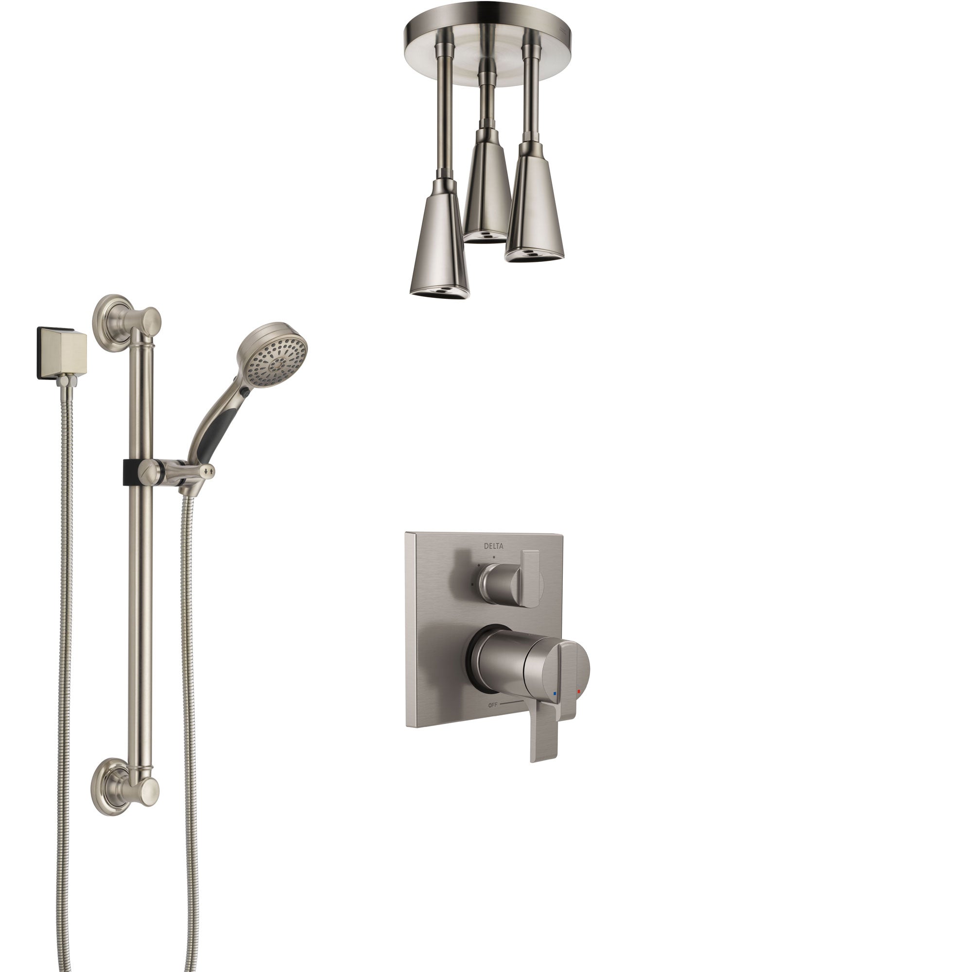 Delta Ara Dual Thermostatic Control Stainless Steel Finish Integrated Diverter Shower System, Ceiling Showerhead, and Grab Bar Hand Shower SS27T867SS3