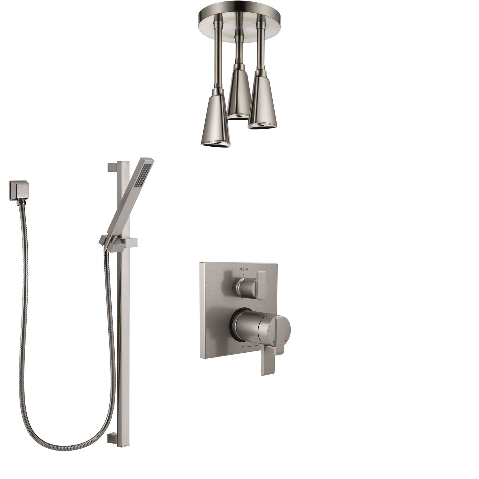 Delta Ara Dual Thermostatic Control Stainless Steel Finish Integrated Diverter Shower System, Ceiling Mount Showerhead, and Hand Shower SS27T867SS6