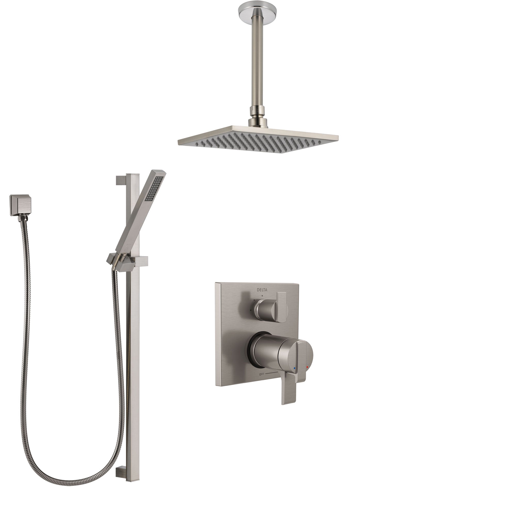 Delta Ara Dual Thermostatic Control Stainless Steel Finish Integrated Diverter Shower System, Ceiling Mount Showerhead, and Hand Shower SS27T867SS7