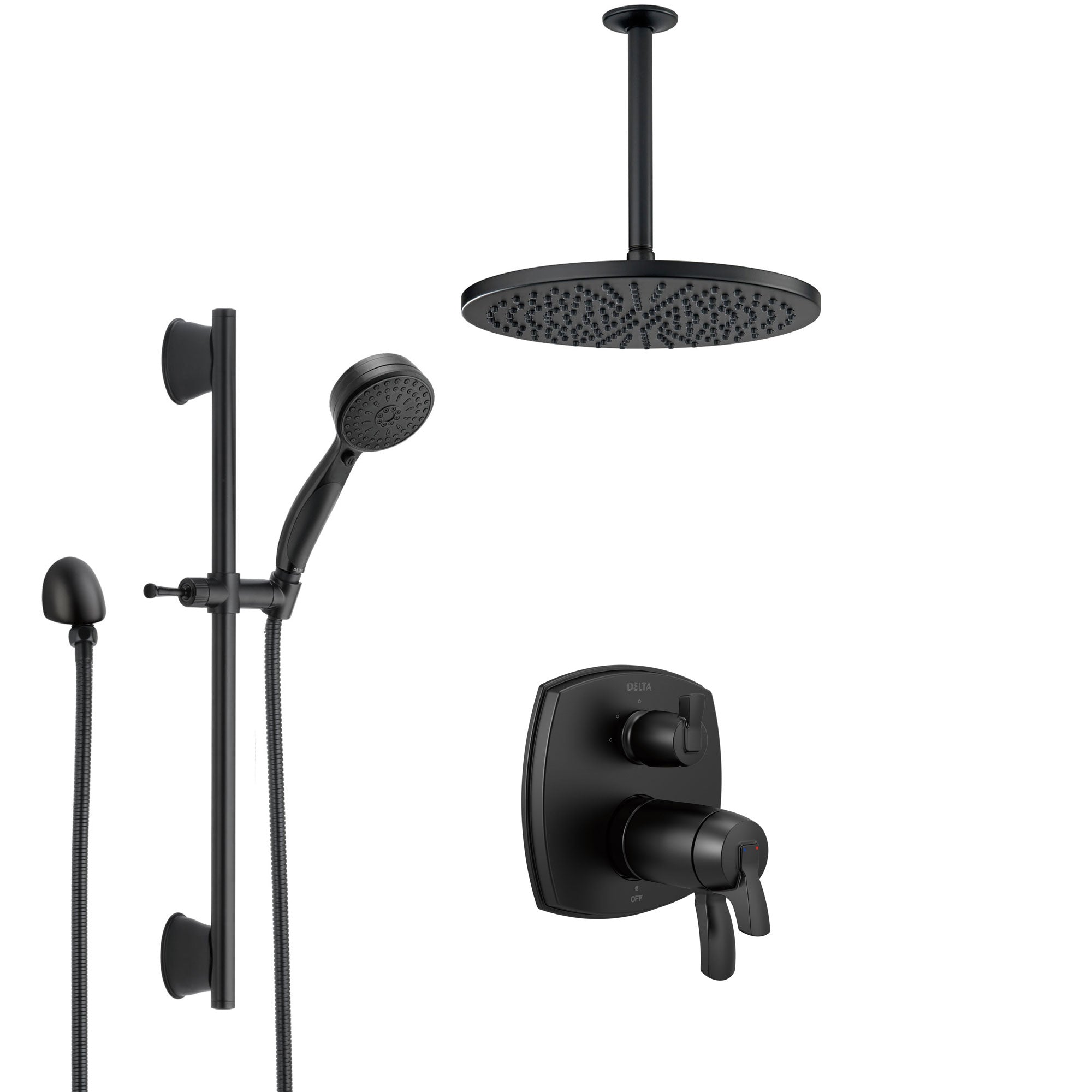 Delta Stryke Matte Black Thermostatic Shower System with Integrated Diverter, Large Round Ceiling Showerhead and Hand Spray on Slidebar SS27T876BLL2