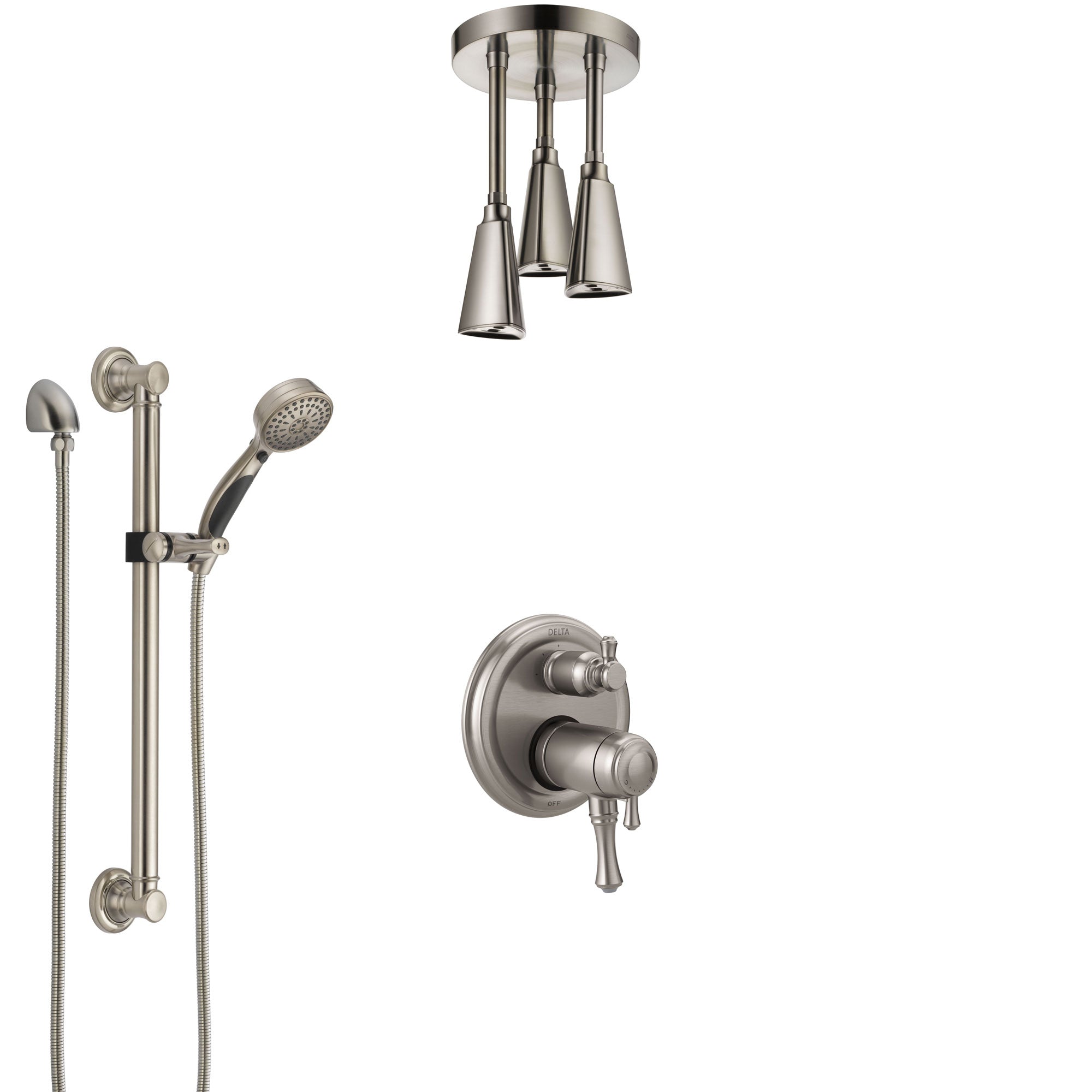 Delta Cassidy Dual Thermostatic Control Stainless Steel Finish Integrated Diverter Shower System, Ceiling Showerhead, Grab Bar Hand Spray SS27T897SS11