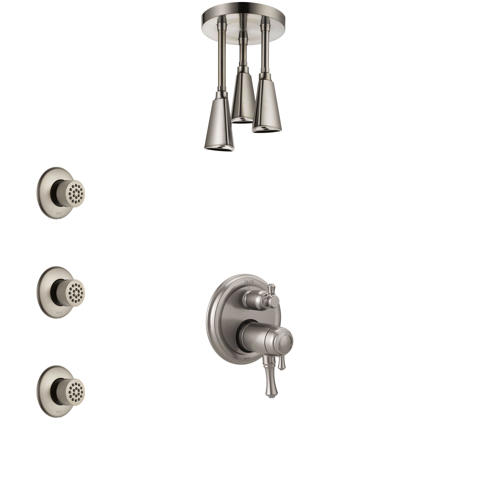 Delta Cassidy Dual Thermostatic Control Stainless Steel Finish Integrated Diverter Shower System, Ceiling Showerhead, and 3 Body Sprays SS27T897SS12