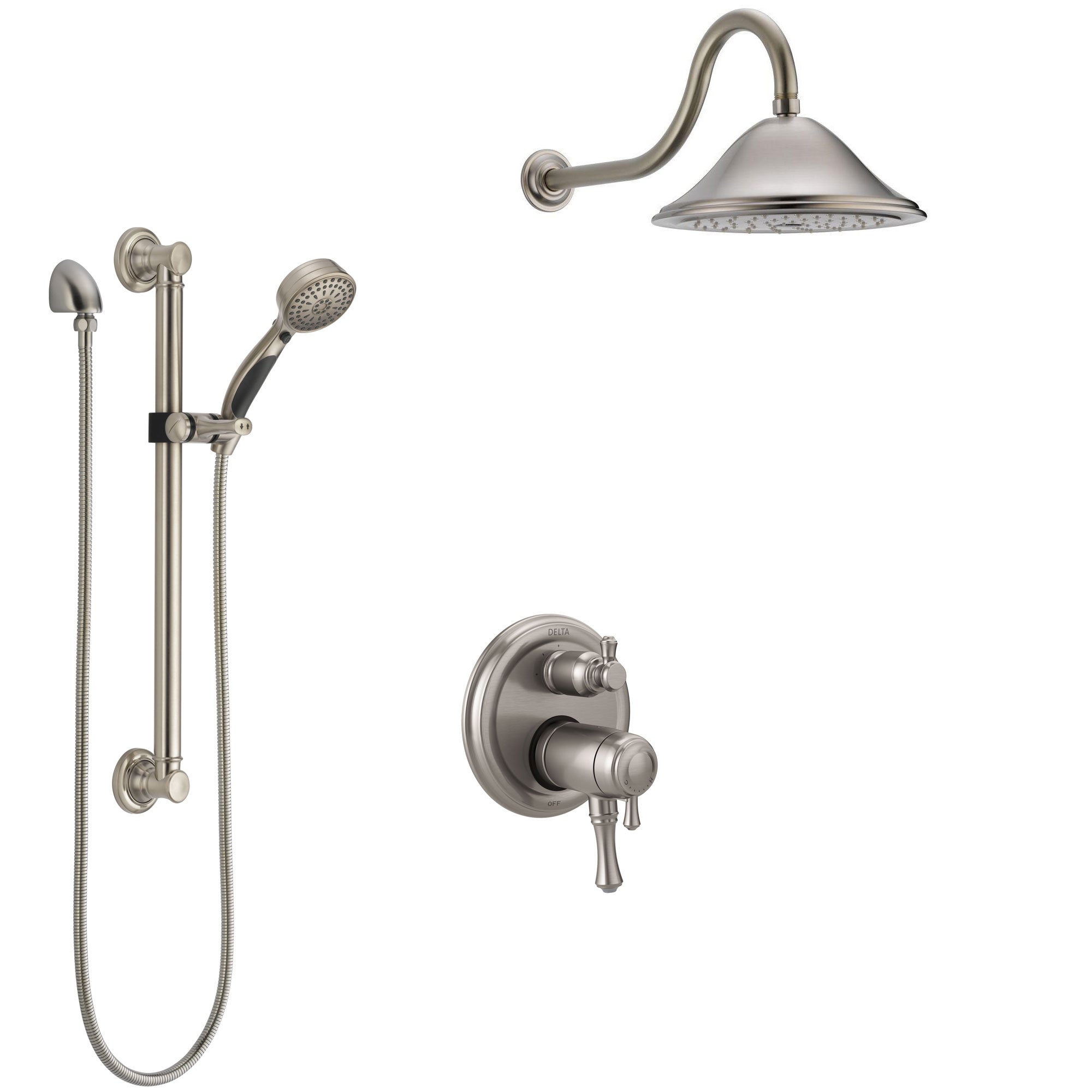 Delta Cassidy Dual Thermostatic Control Stainless Steel Finish Integrated Diverter Shower System, Showerhead, and Grab Bar Hand Shower SS27T897SS3