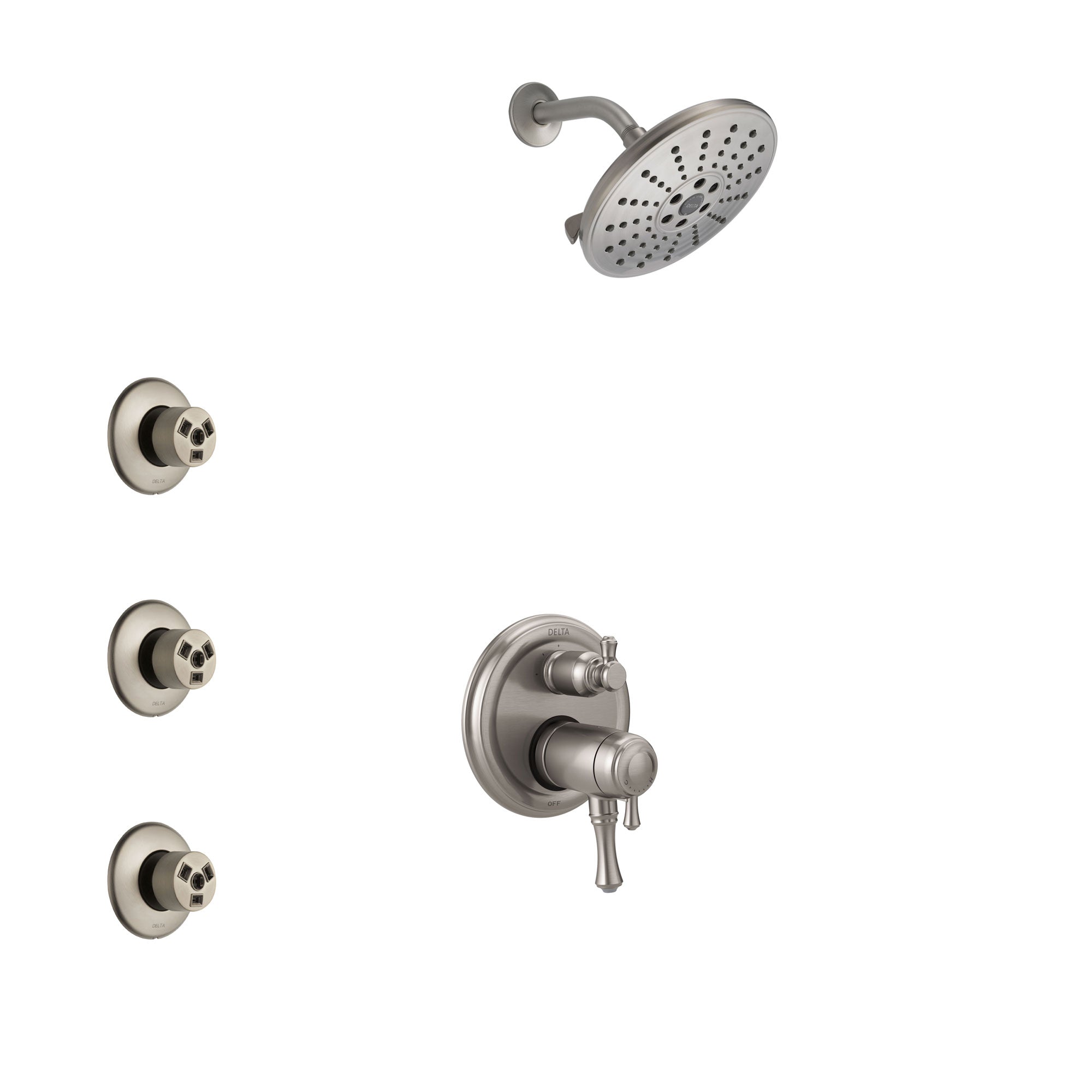 Delta Cassidy Dual Thermostatic Control Handle Stainless Steel Finish Shower System, Integrated Diverter, Showerhead, and 3 Body Sprays SS27T897SS9