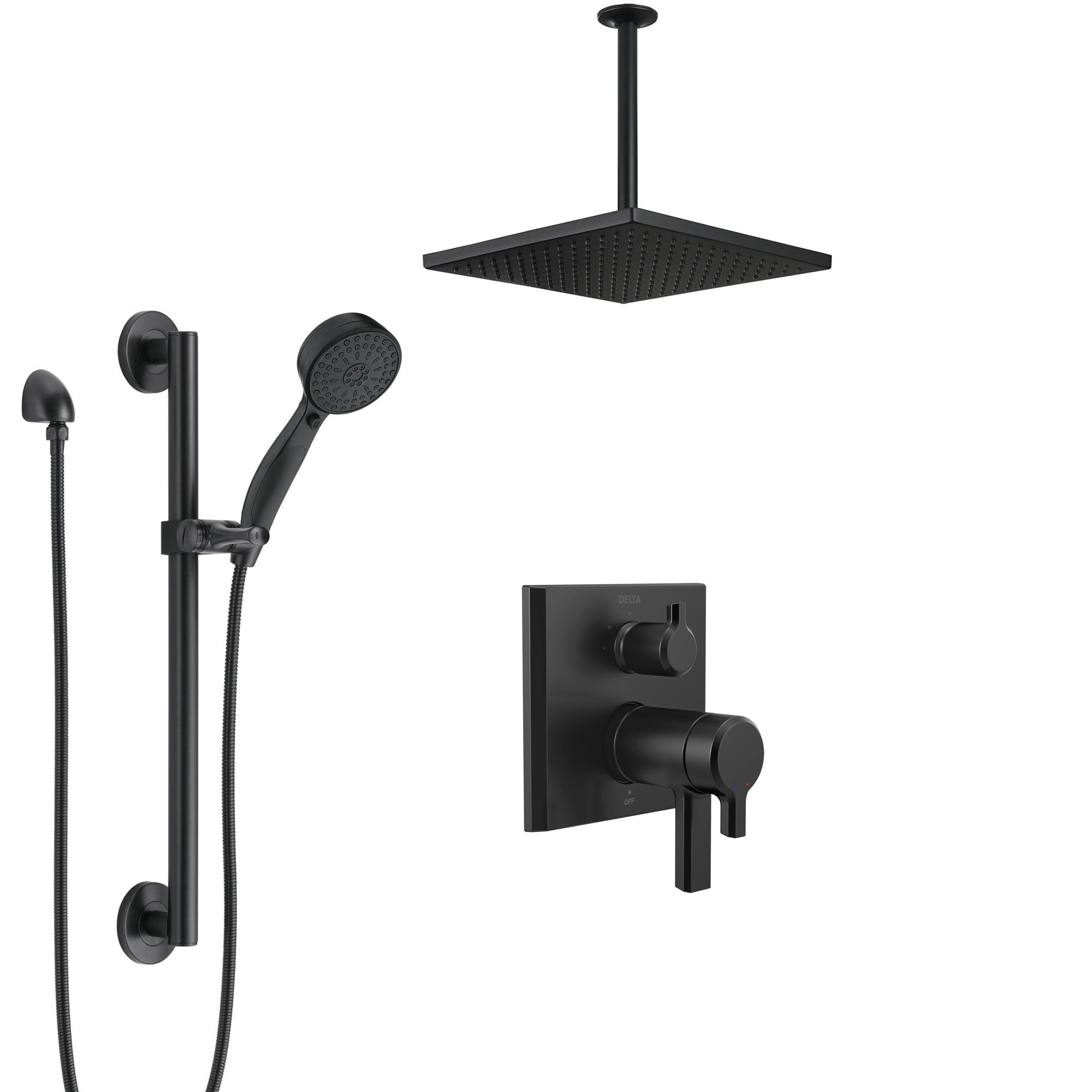 Delta Pivotal Matte Black 17T Modern Angular Integrated Diverter Shower System with Large Ceiling Showerhead and Hand Spray with Grab Bar SS27T899BL1