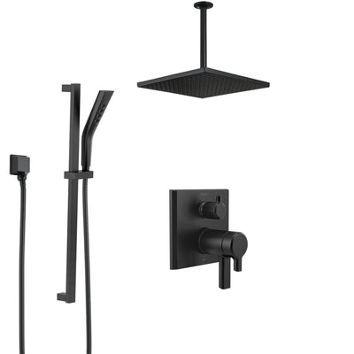 Delta Pivotal Matte Black 17T Modern Angular Integrated Diverter Shower System with Large Ceiling Showerhead and Hand Spray with Slide Bar SS27T899BL2