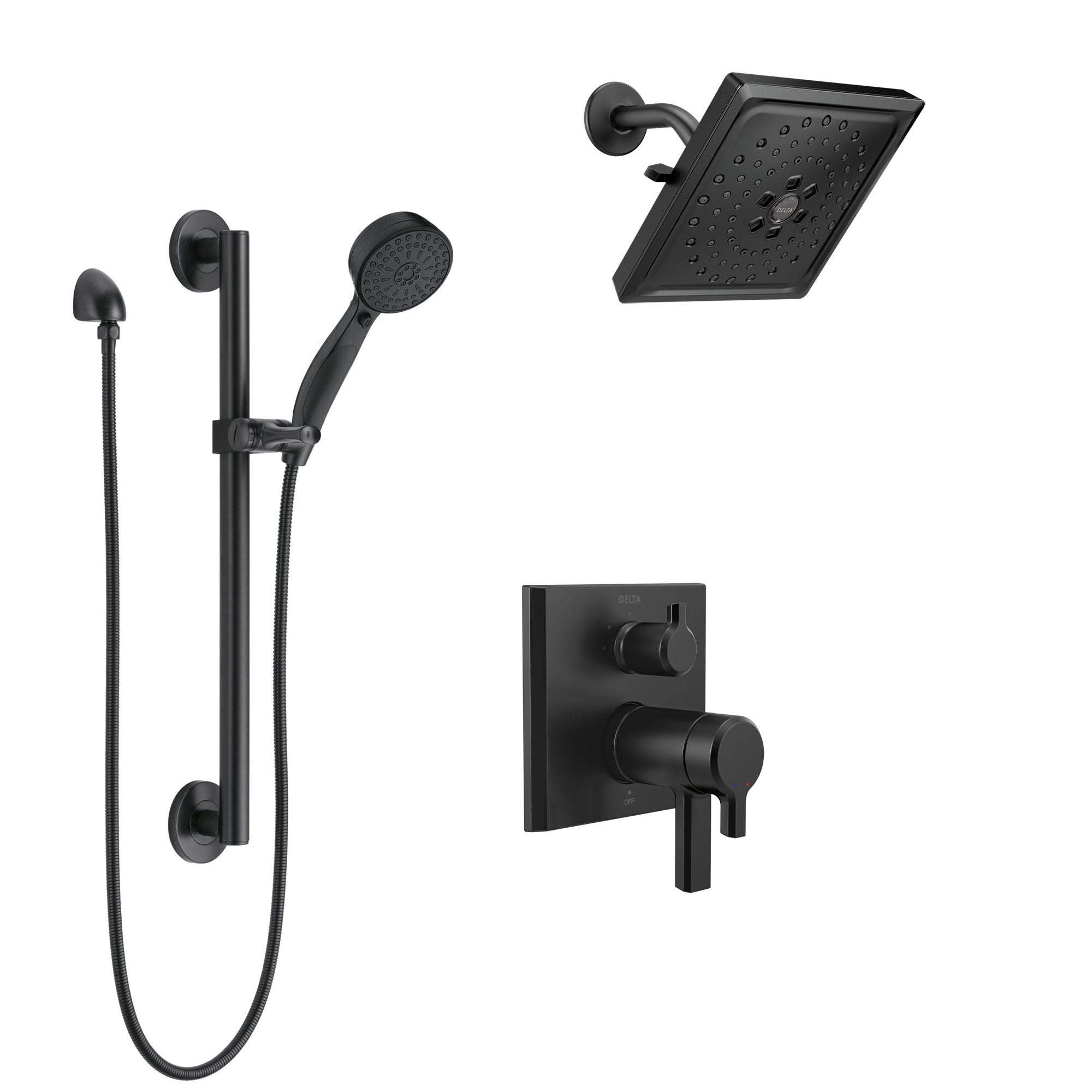 Delta Pivotal Matte Black Finish Thermostatic Shower System with Diverter, Multi-Setting Wall Showerhead, and Hand Shower on Grab Bar SS27T899BL5