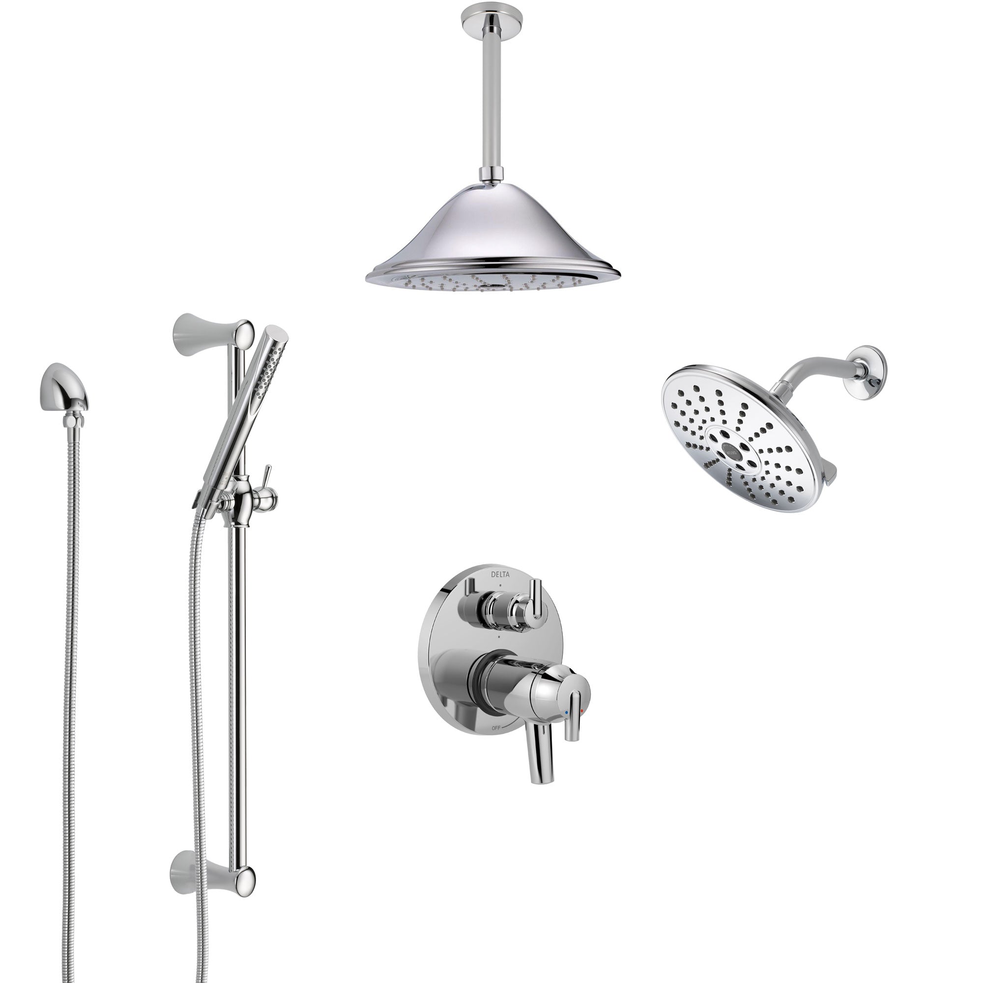 Delta Trinsic Chrome Shower System with Dual Thermostatic Control, Integrated Diverter, Showerhead, Ceiling Showerhead, and Hand Shower SS27T9595