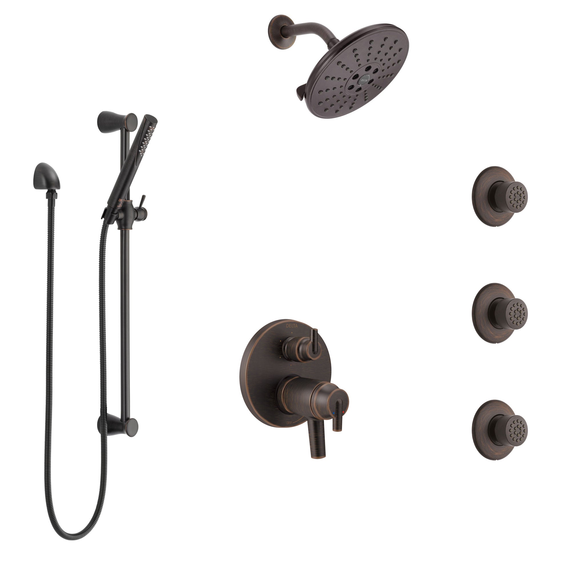 Delta Trinsic Venetian Bronze Dual Thermostatic Control Integrated Diverter Shower System, Showerhead, 3 Body Sprays, and Hand Shower SS27T959RB4