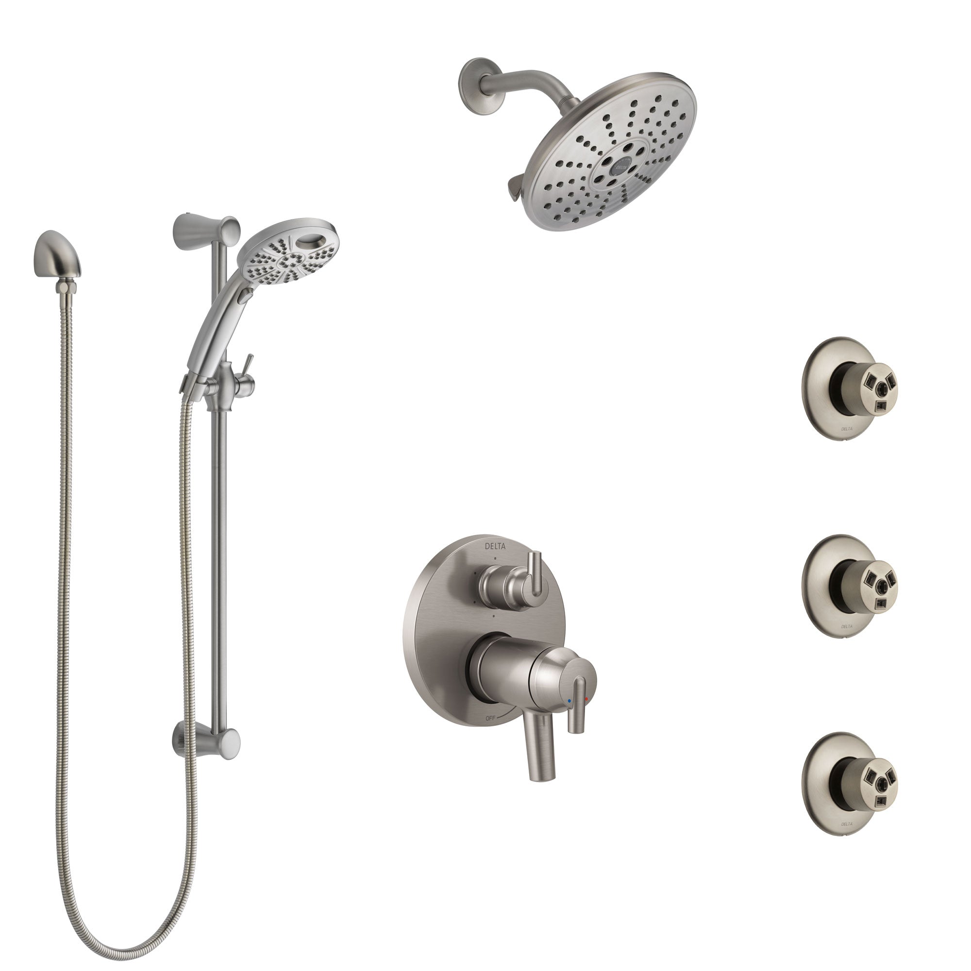 Delta Trinsic Thermostatic Control Stainless Steel Finish Integrated Diverter Shower System, Showerhead, 3 Body Sprays, Temp2O Hand Spray SS27T959SS10