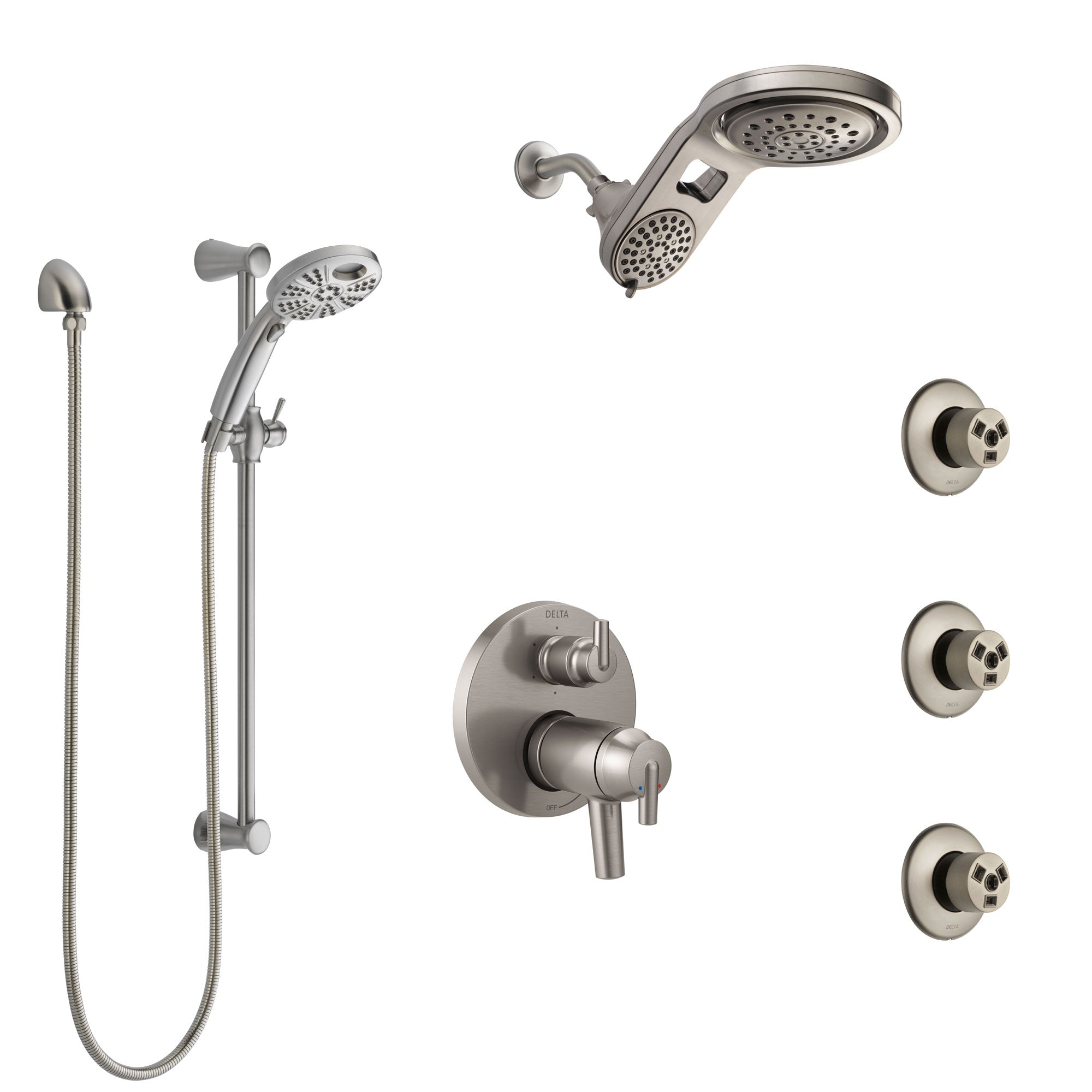 Delta Trinsic Dual Thermostatic Control Stainless Steel Finish Shower System, Dual Showerhead, 3 Body Jets, Temp2O Hand Spray SS27T959SS11