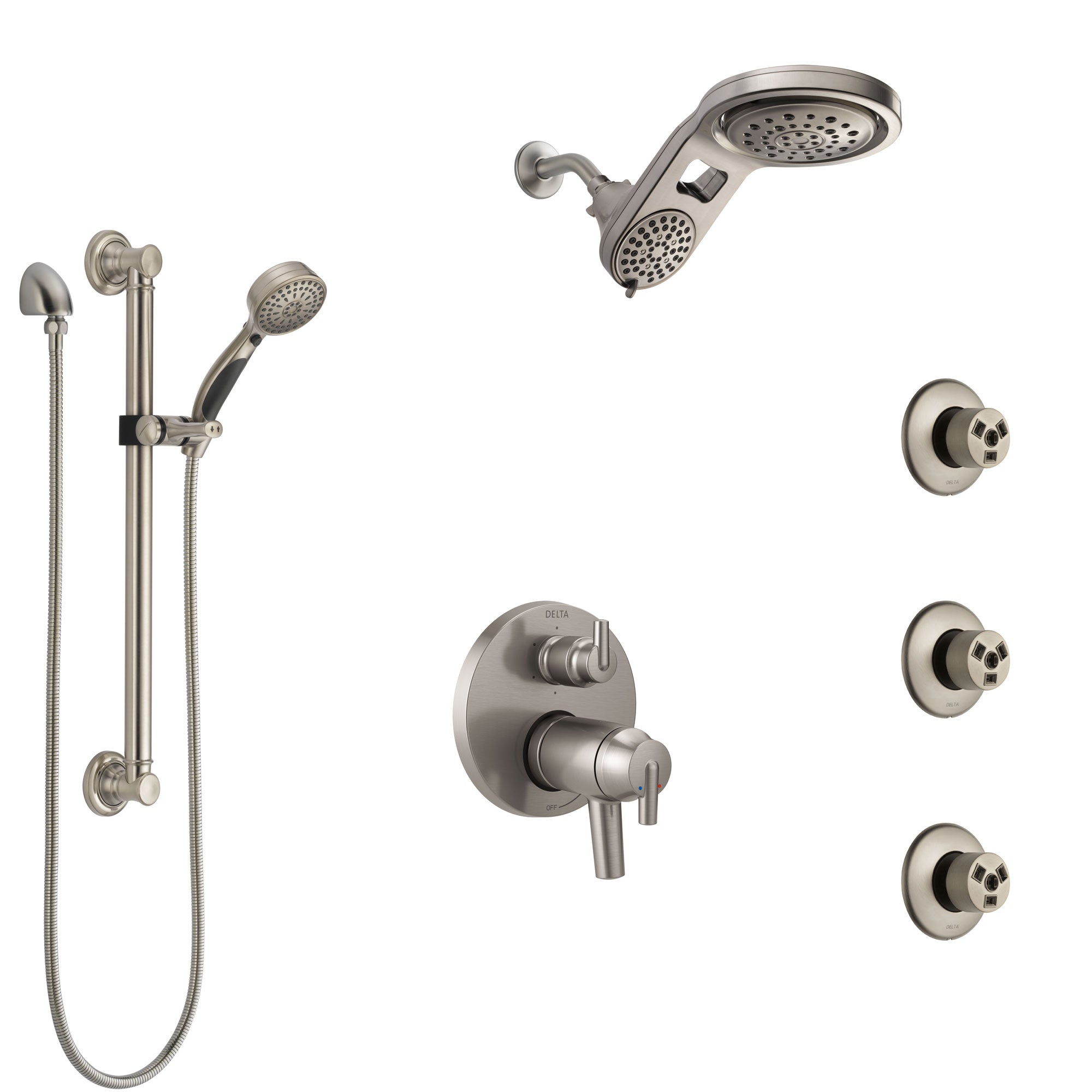 Delta Trinsic Dual Thermostatic Control Stainless Steel Finish Shower System, Dual Showerhead, 3 Body Jets, Grab Bar Hand Spray SS27T959SS12