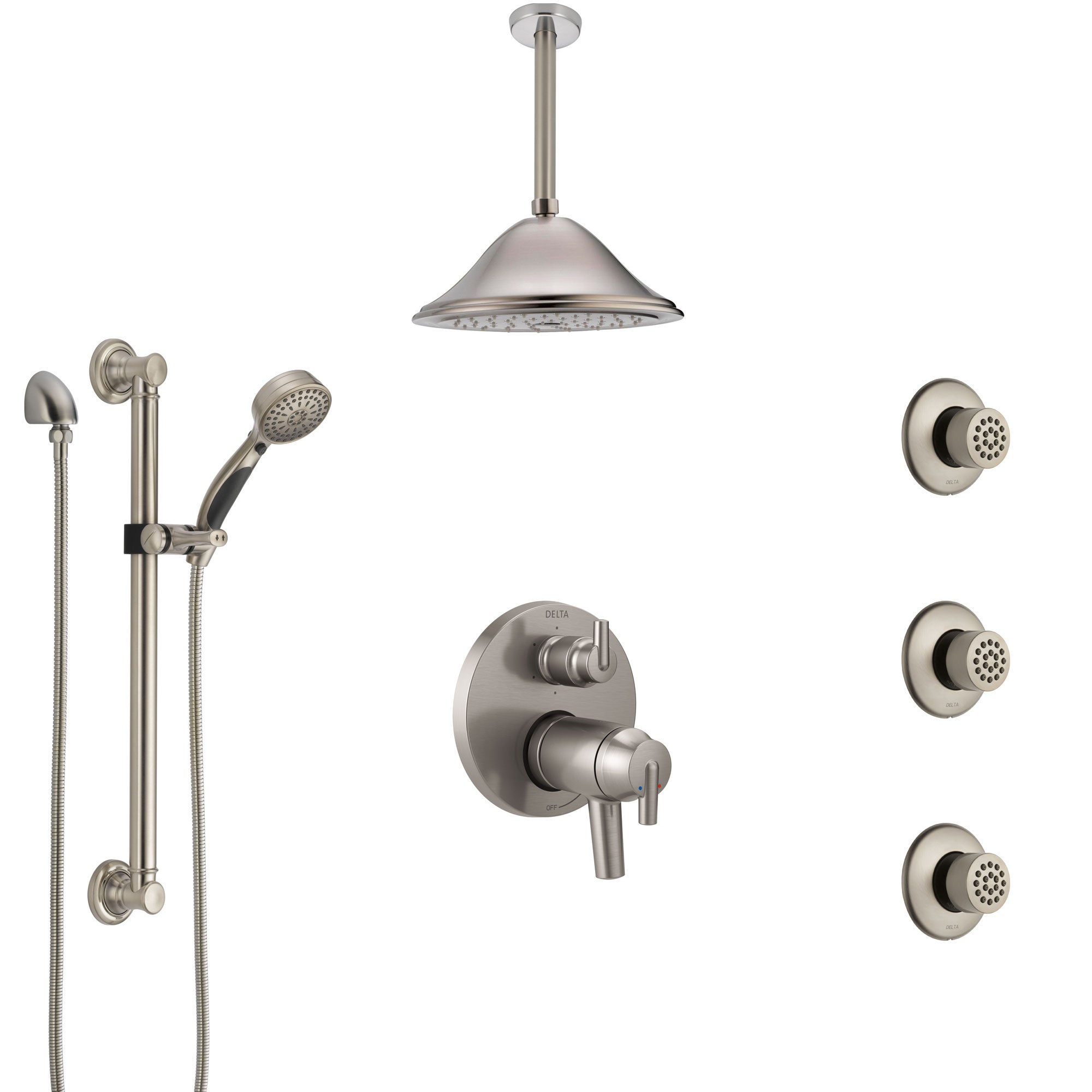 Delta Trinsic Dual Thermostatic Control Stainless Steel Finish Shower System, Ceiling Showerhead, 3 Body Jets, Grab Bar Hand Spray SS27T959SS5