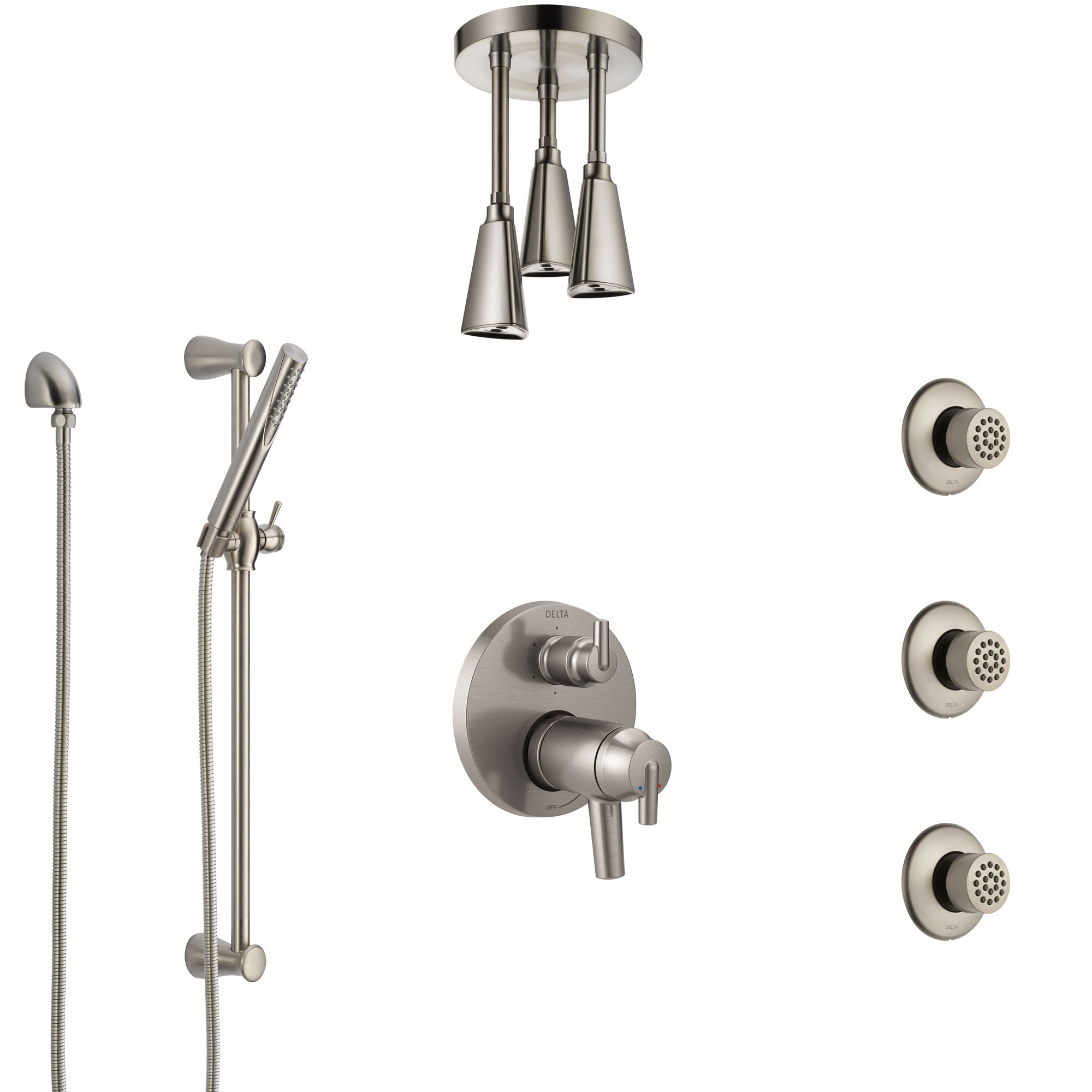 Delta Trinsic Dual Thermostatic Control Stainless Steel Finish Shower System, Ceiling Showerhead, 3 Body Jets, Hand Spray SS27T959SS7
