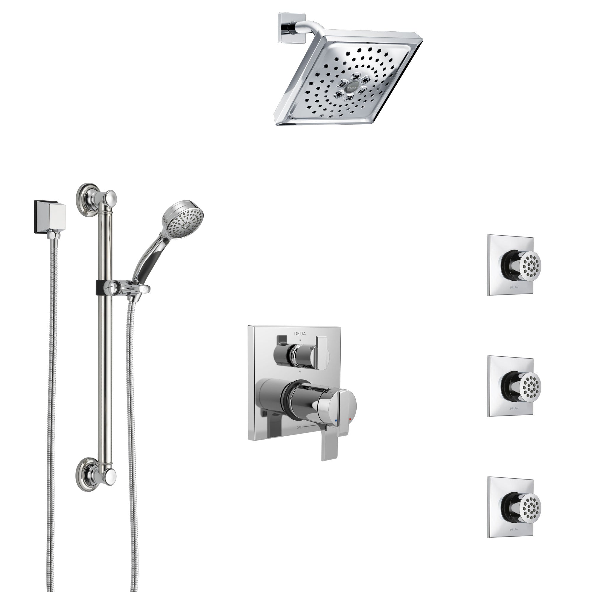 Delta Ara Chrome Shower System with Dual Thermostatic Control, Integrated Diverter, Showerhead, 3 Body Sprays, and Hand Shower with Grab Bar SS27T9673