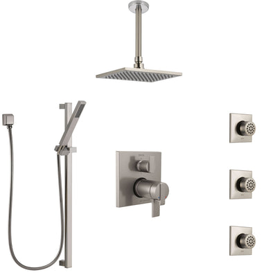 Delta Ara Dual Thermostatic Control Stainless Steel Finish Integrated Diverter Shower System, Ceiling Showerhead, 3 Body Jets, Hand Spray SS27T967SS3