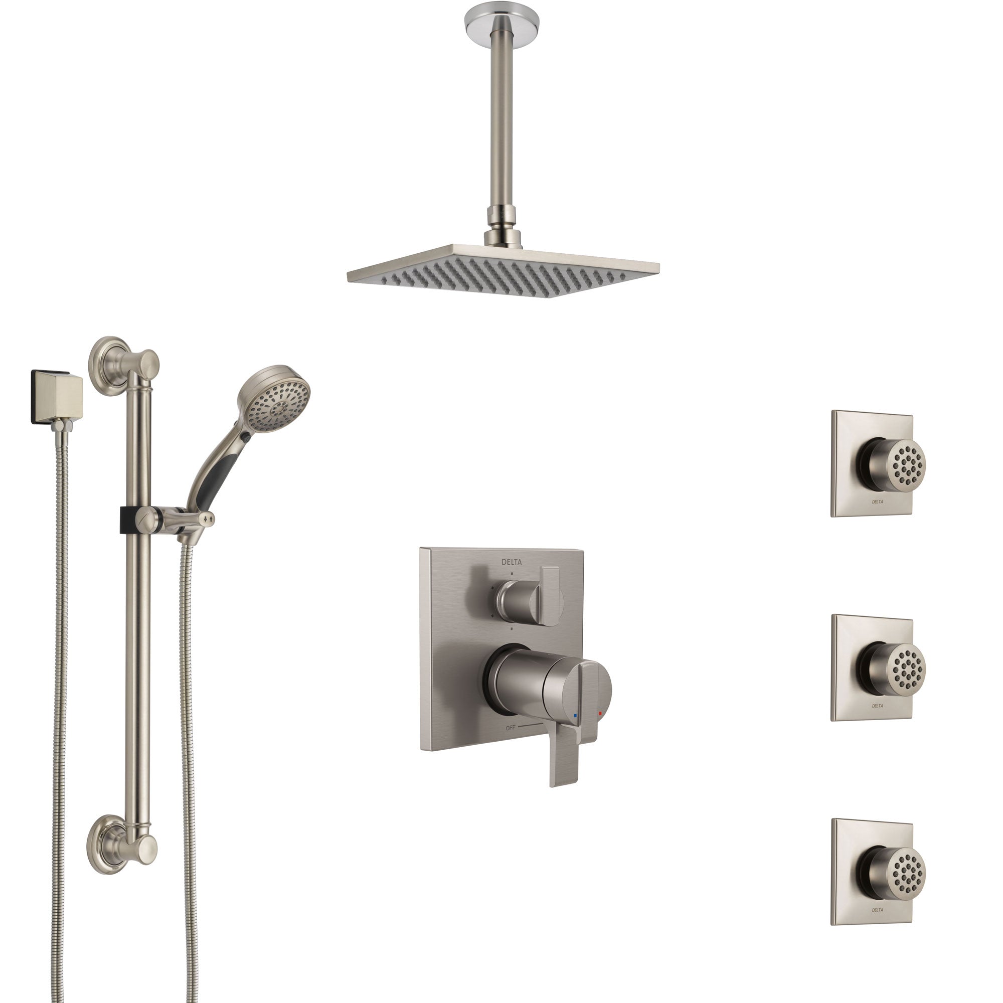 Delta Ara Dual Thermostatic Control Stainless Steel Finish Shower System, Ceiling Showerhead, 3 Body Jets, Grab Bar Hand Spray SS27T967SS4