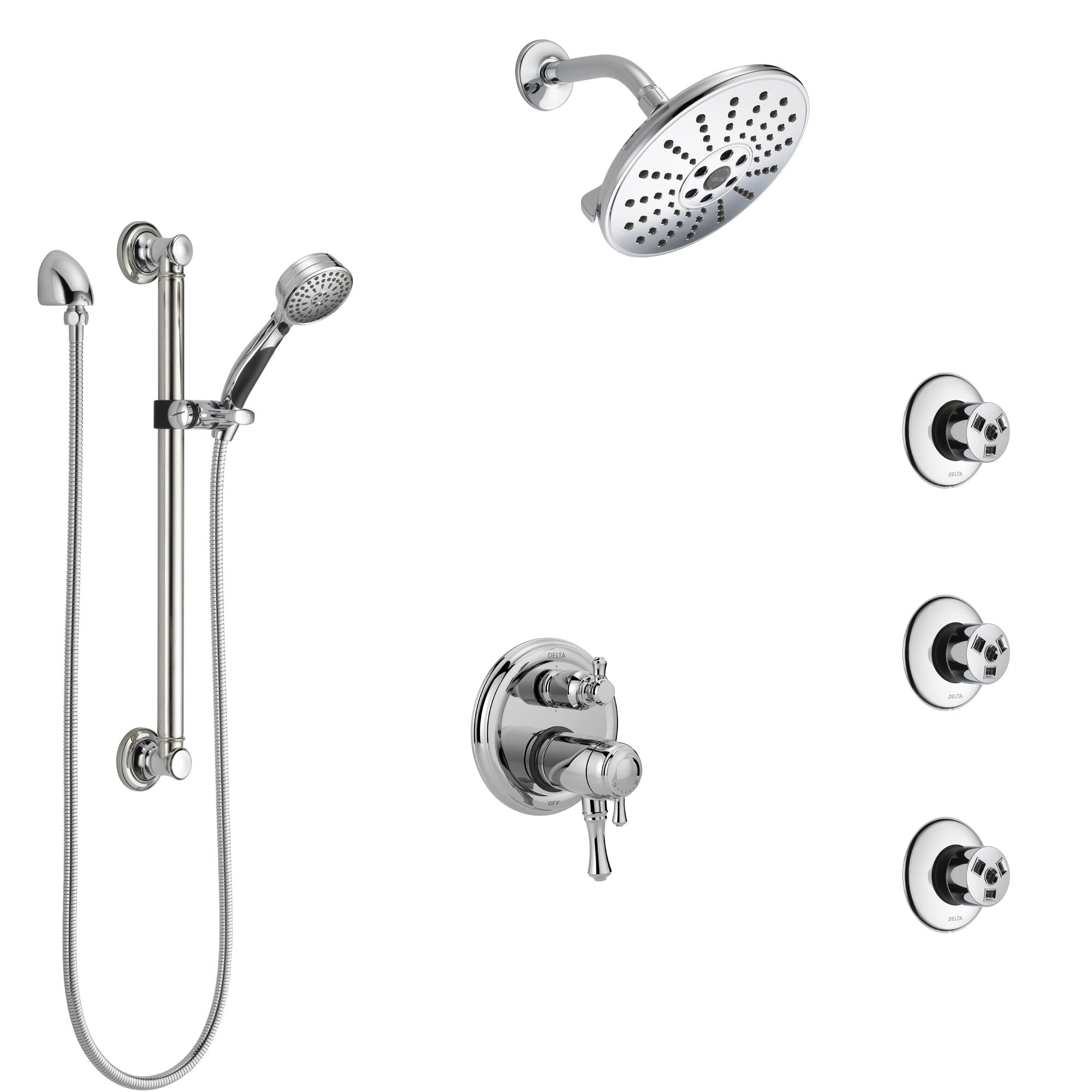 Delta Cassidy Chrome Shower System with Dual Thermostatic Control, Integrated Diverter, Showerhead, 3 Body Sprays, and Grab Bar Hand Shower SS27T99711