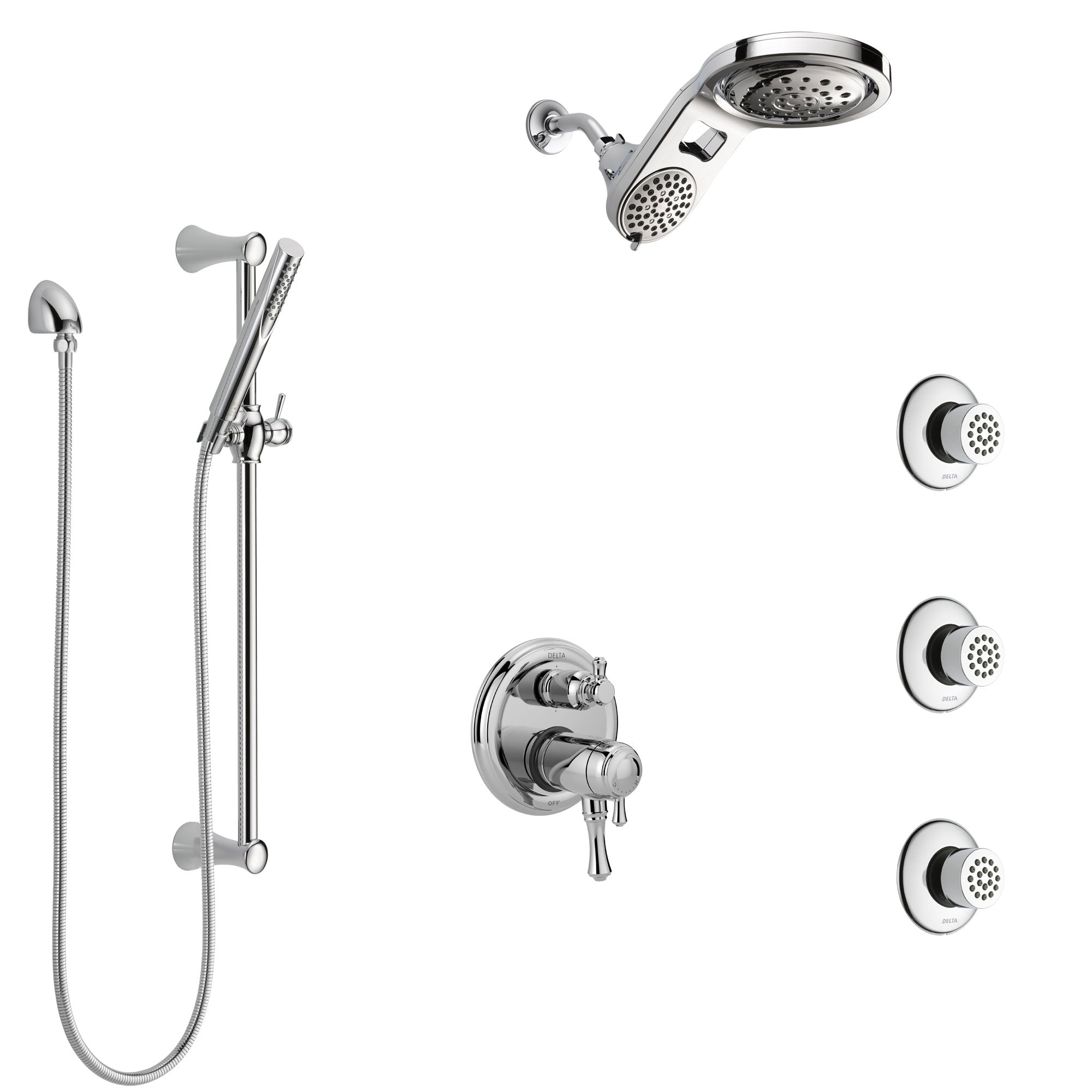 Delta Cassidy Chrome Shower System with Dual Thermostatic Control, Integrated Diverter, Dual Showerhead, 3 Body Sprays, and Hand Shower SS27T9972