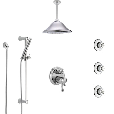 Delta Cassidy Chrome Shower System with Dual Thermostatic Control, Integrated Diverter, Ceiling Showerhead, 3 Body Sprays, and Hand Shower SS27T9973