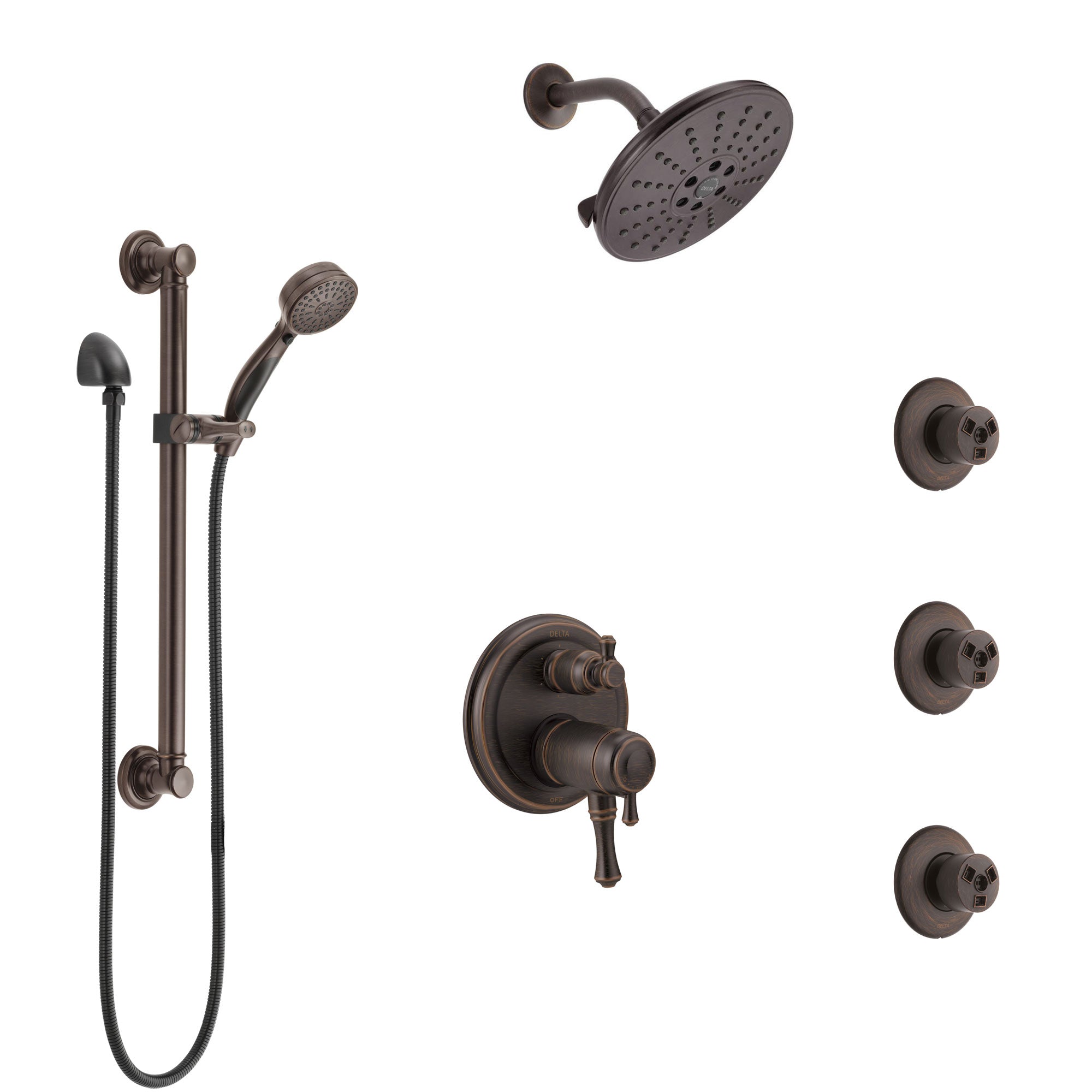 Delta Cassidy Venetian Bronze Dual Thermostatic Control Integrated Diverter Shower System, Showerhead, 3 Body Sprays, Grab Bar Hand Spray SS27T997RB11