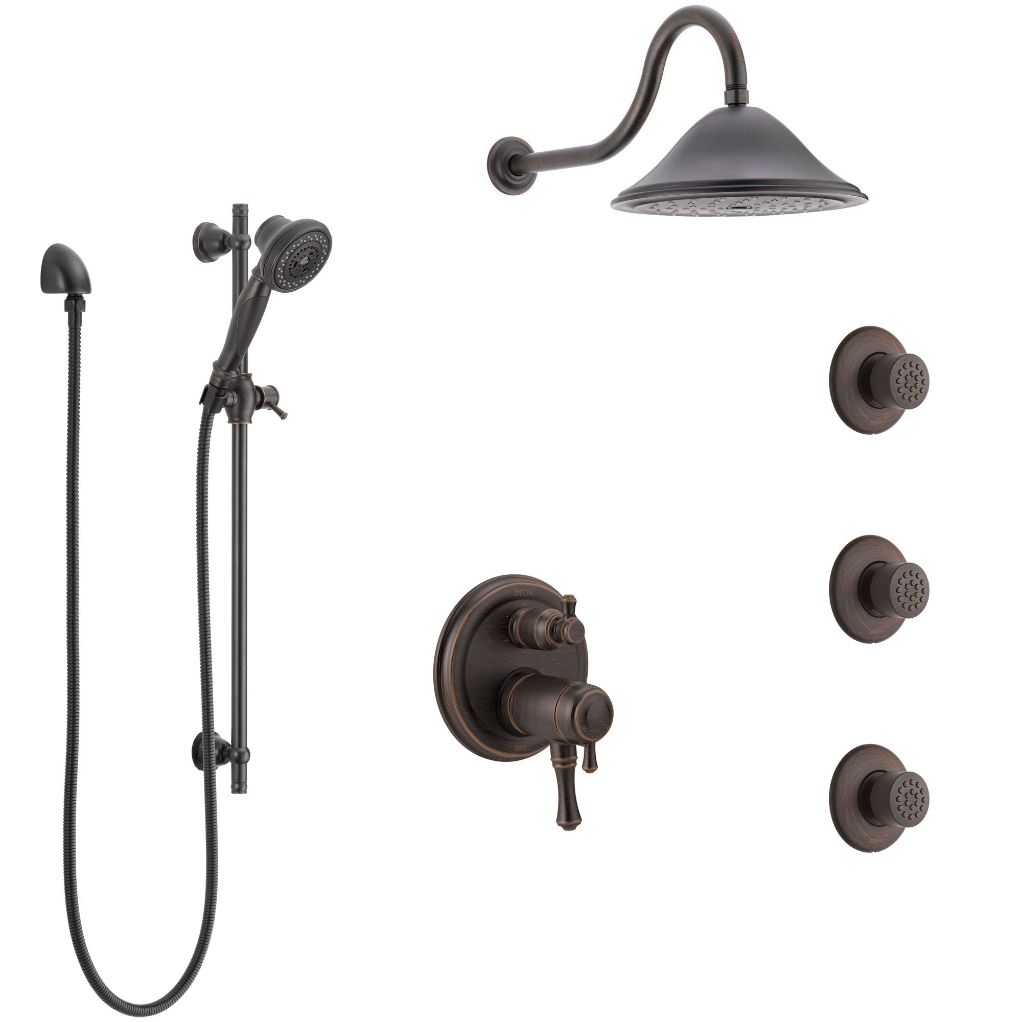 Delta Cassidy Venetian Bronze Dual Thermostatic Control Integrated Diverter Shower System, Showerhead, 3 Body Sprays, and Hand Shower SS27T997RB6